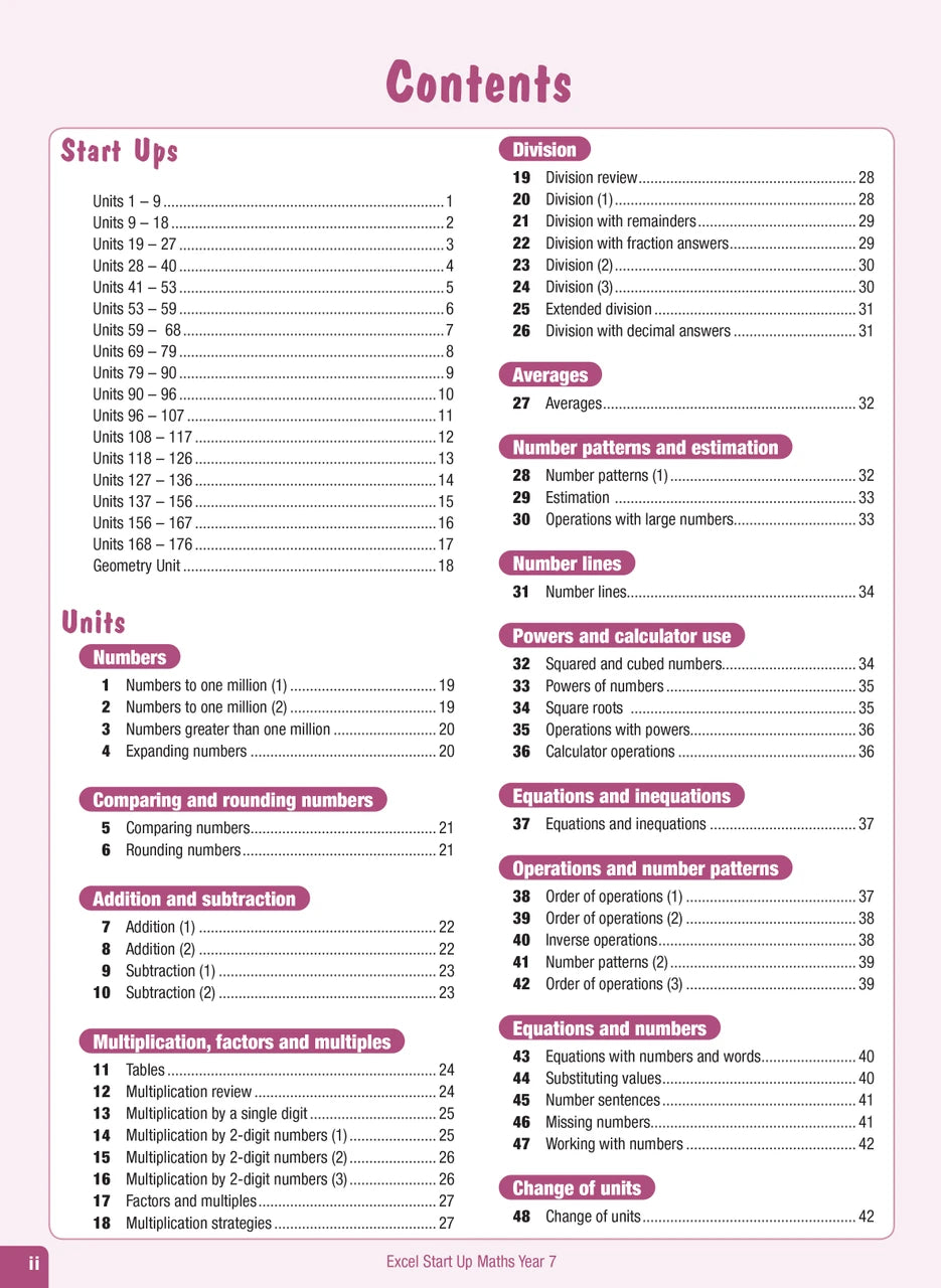 Contents page from the Excel Advanced Skills Start Up Maths Year 7 workbook listing the units of work and review tests