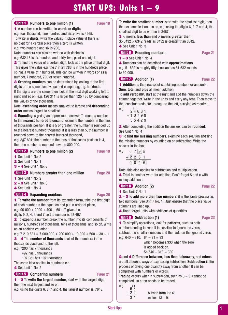 Sample interior page from the Excel Advanced Skills Start Up Maths Year 7 workbook showing maths units and practice exercises