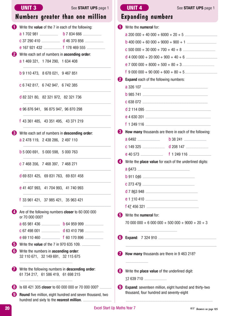 Sample interior page from the Excel Advanced Skills Start Up Maths Year 7 workbook showing maths units and practice exercises