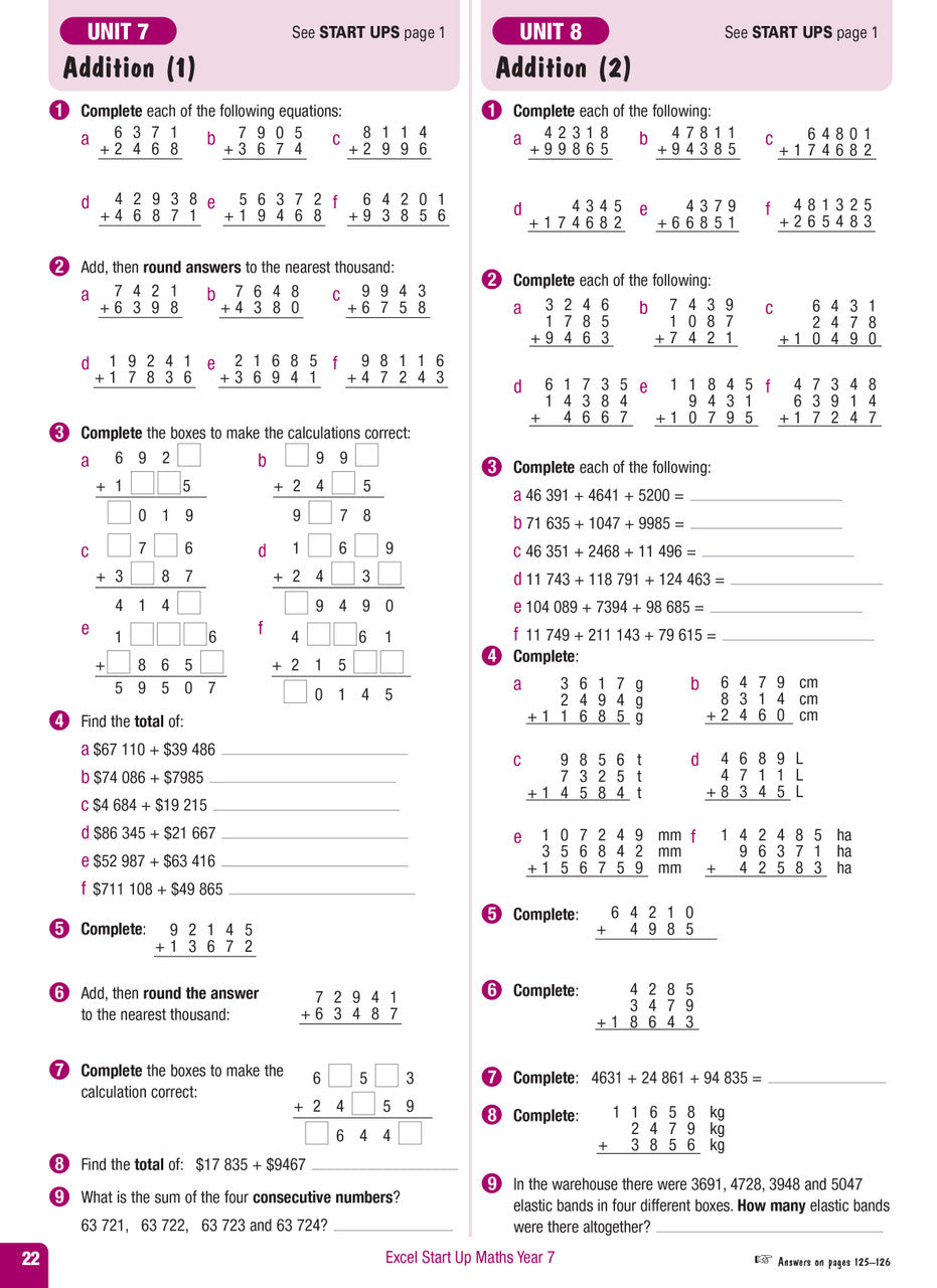 Sample interior page from the Excel Advanced Skills Start Up Maths Year 7 workbook showing maths units and practice exercises