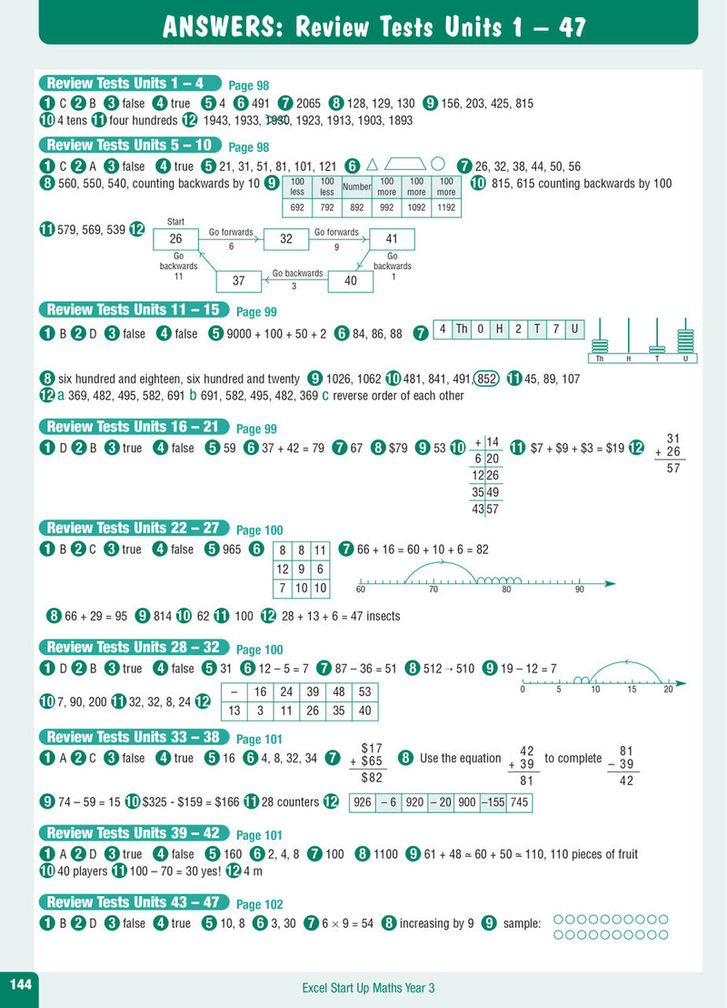 Sample interior page from the Excel Advanced Skills Start Up Maths Year 3 workbook showing maths units and practice exercises