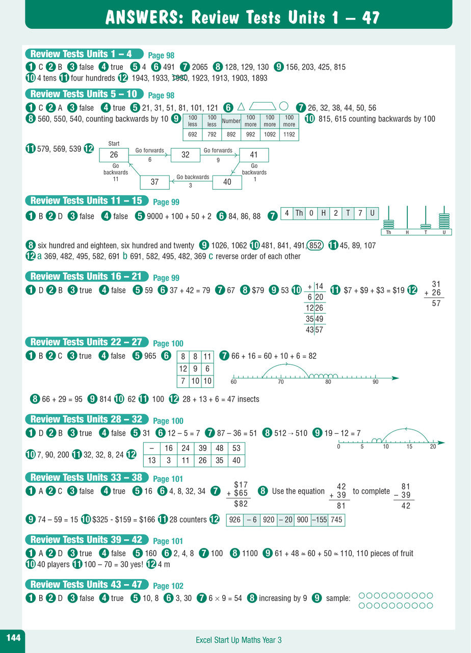 Sample interior page from the Excel Advanced Skills Start Up Maths Year 3 workbook showing maths units and practice exercises