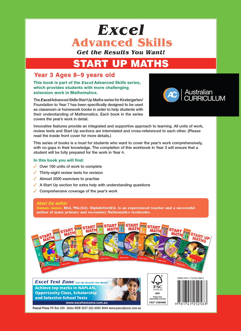 Back cover of the Excel Advanced Skills Start Up Maths Year 3 workbook as shown in the Pascal Press gallery