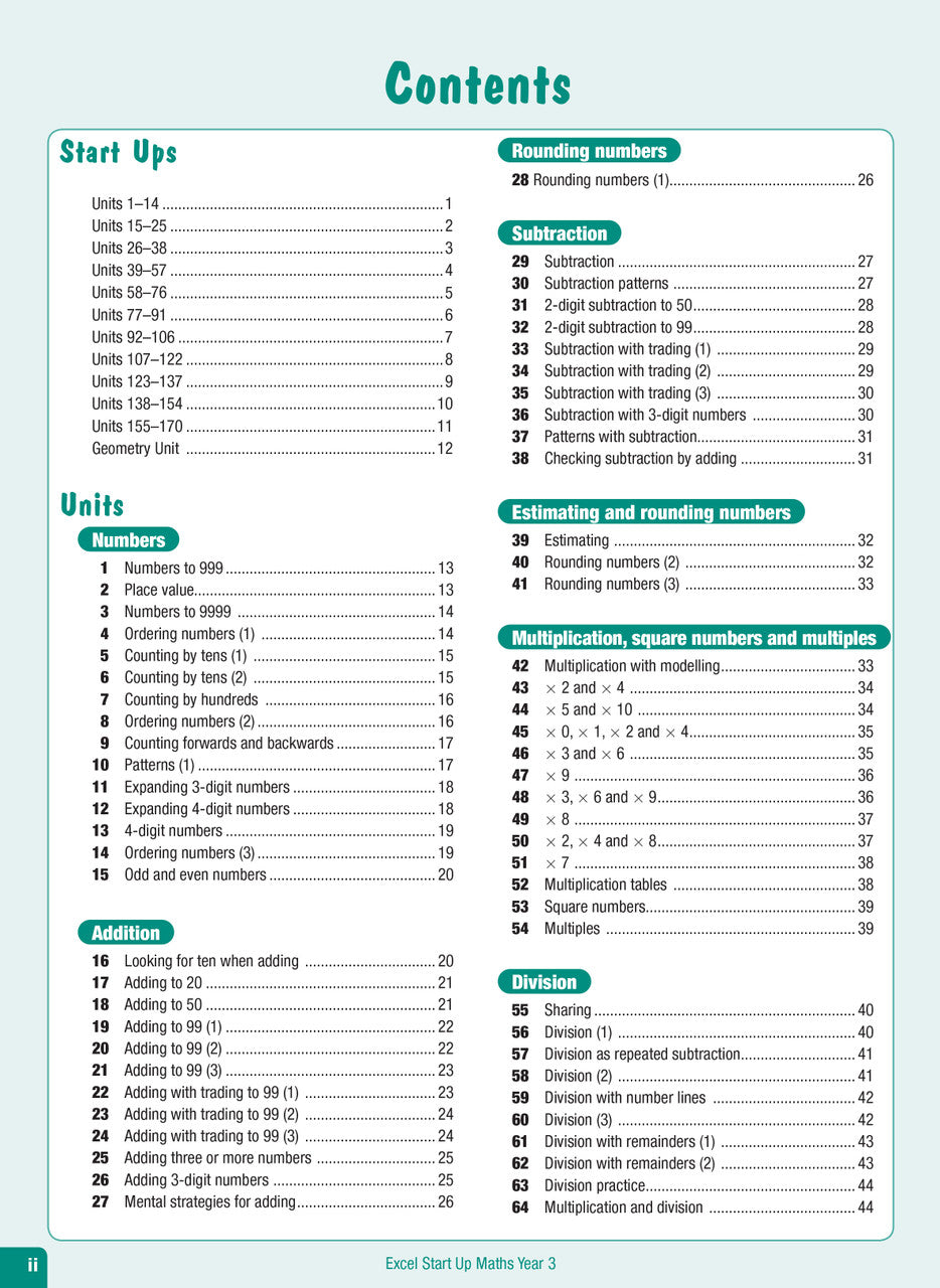 Contents page from the Excel Advanced Skills Start Up Maths Year 3 workbook listing the units of work and review tests