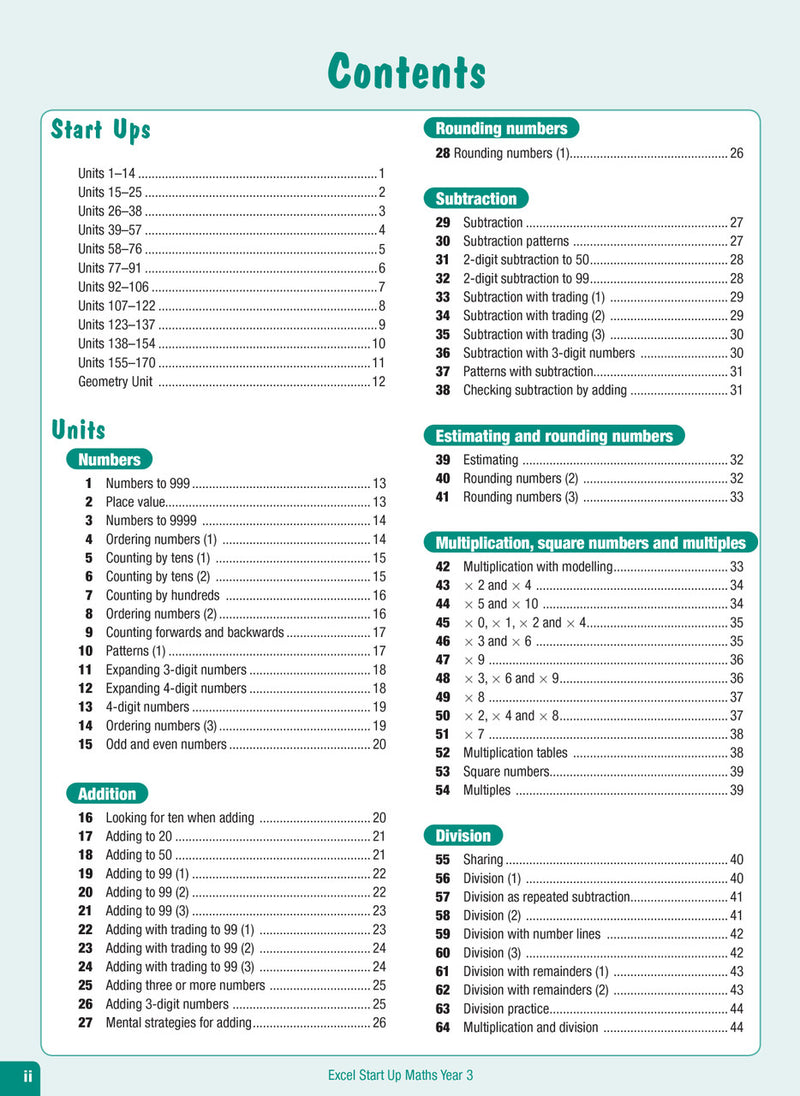 Contents page from the Excel Advanced Skills Start Up Maths Year 3 workbook listing the units of work and review tests