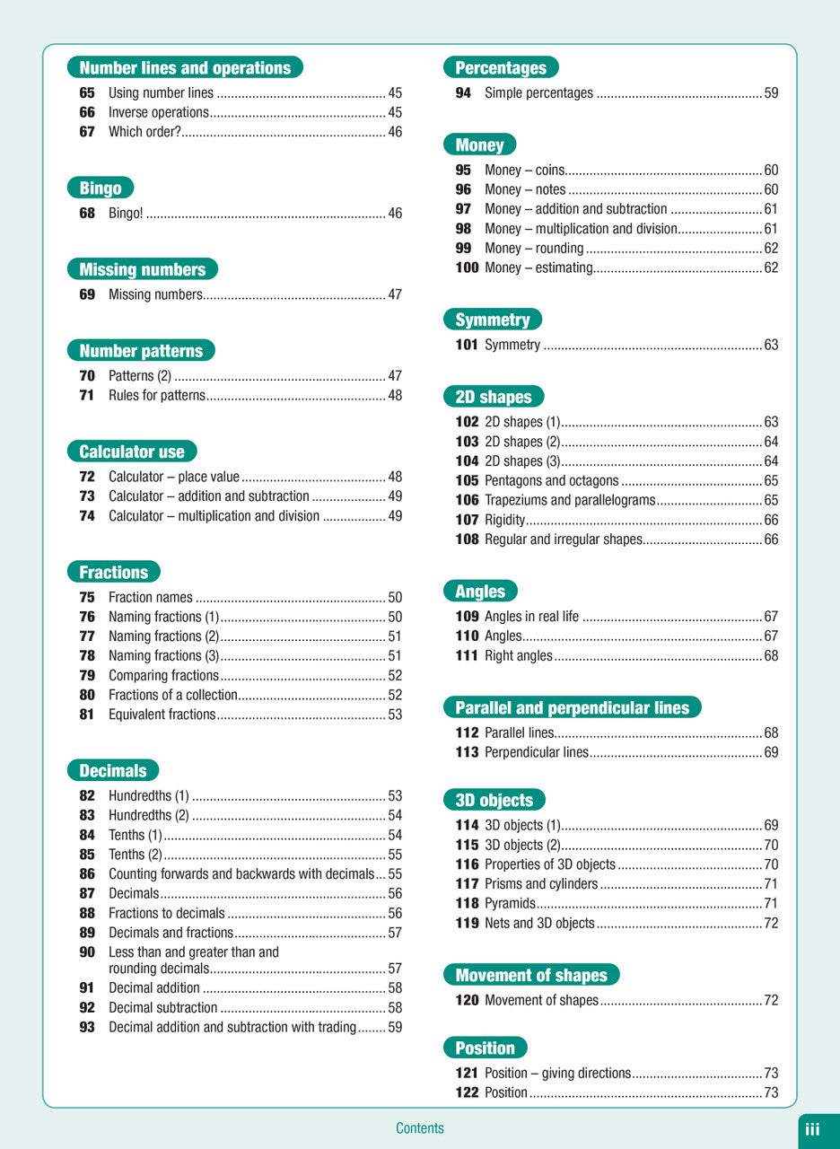 Contents page from the Excel Advanced Skills Start Up Maths Year 3 workbook listing the units of work and review tests