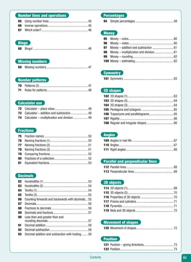Contents page from the Excel Advanced Skills Start Up Maths Year 3 workbook listing the units of work and review tests
