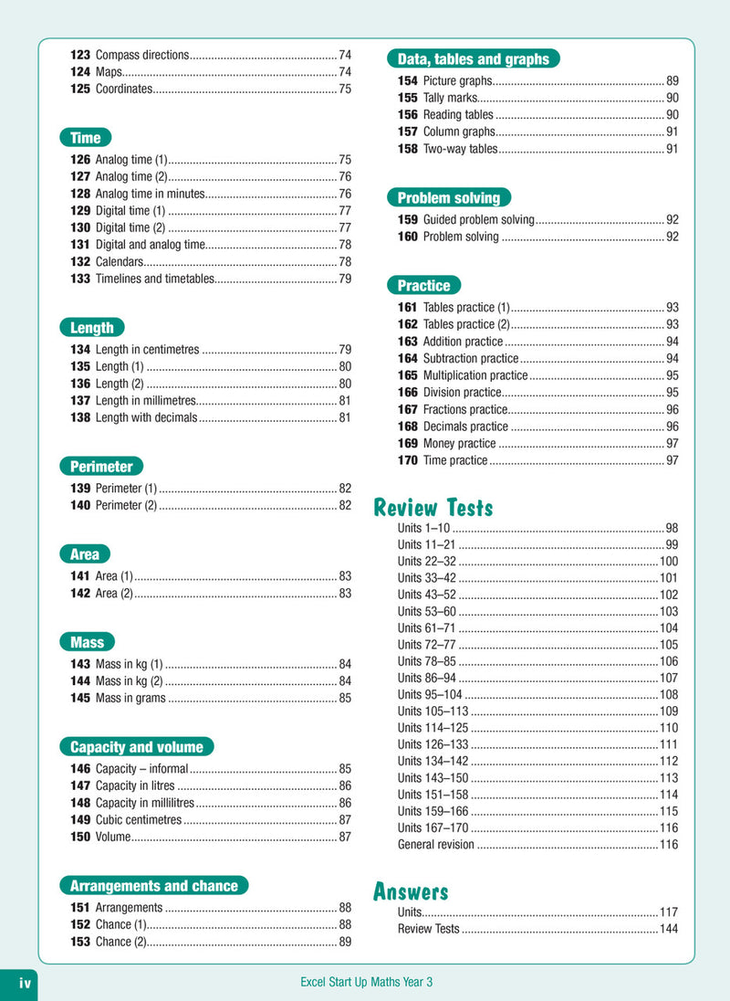 Contents page from the Excel Advanced Skills Start Up Maths Year 3 workbook listing the units of work and review tests