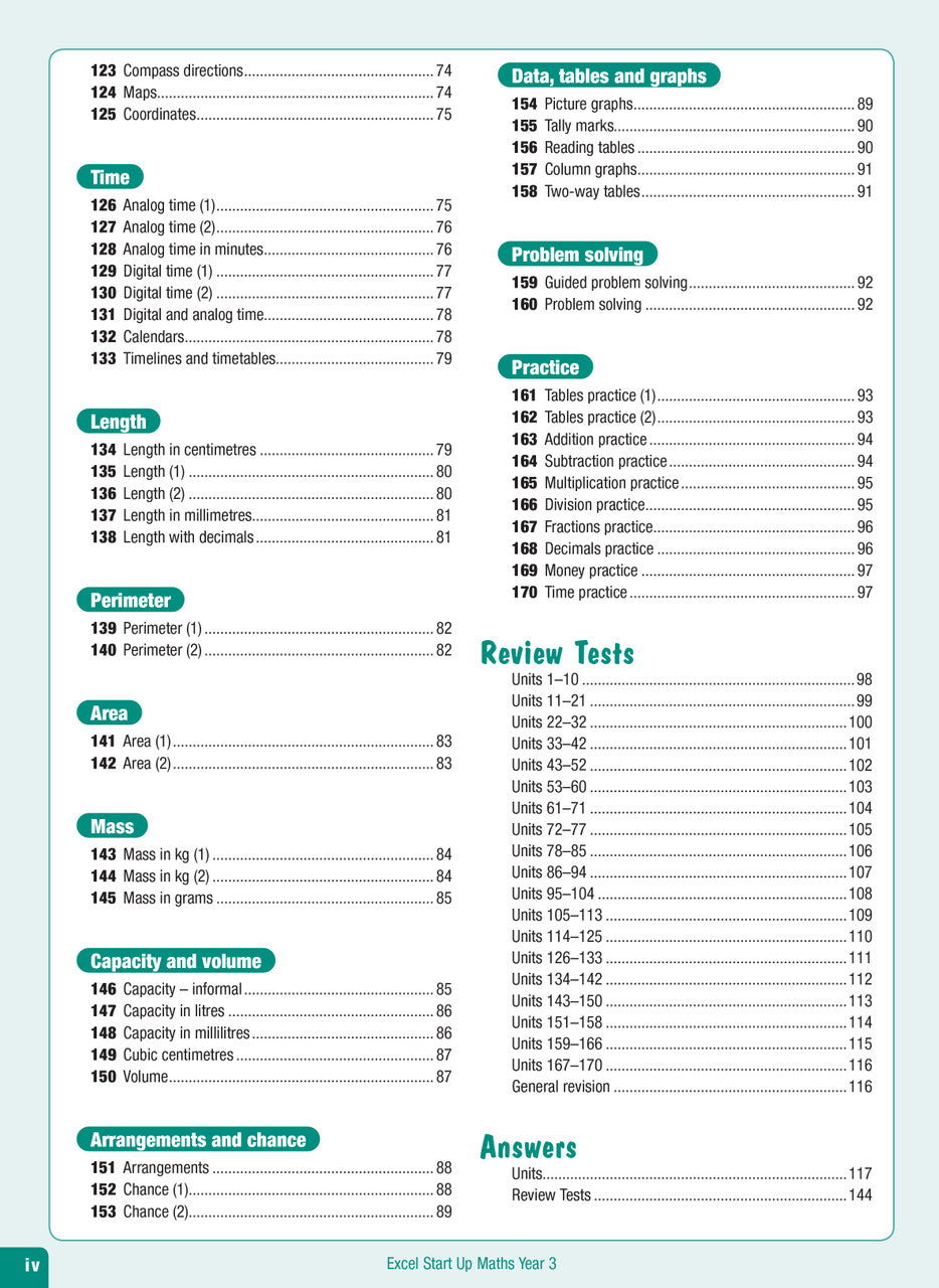 Contents page from the Excel Advanced Skills Start Up Maths Year 3 workbook listing the units of work and review tests