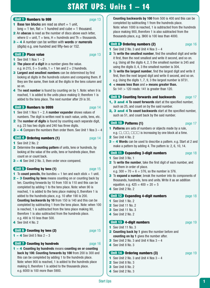 Sample interior page from the Excel Advanced Skills Start Up Maths Year 3 workbook showing maths units and practice exercises