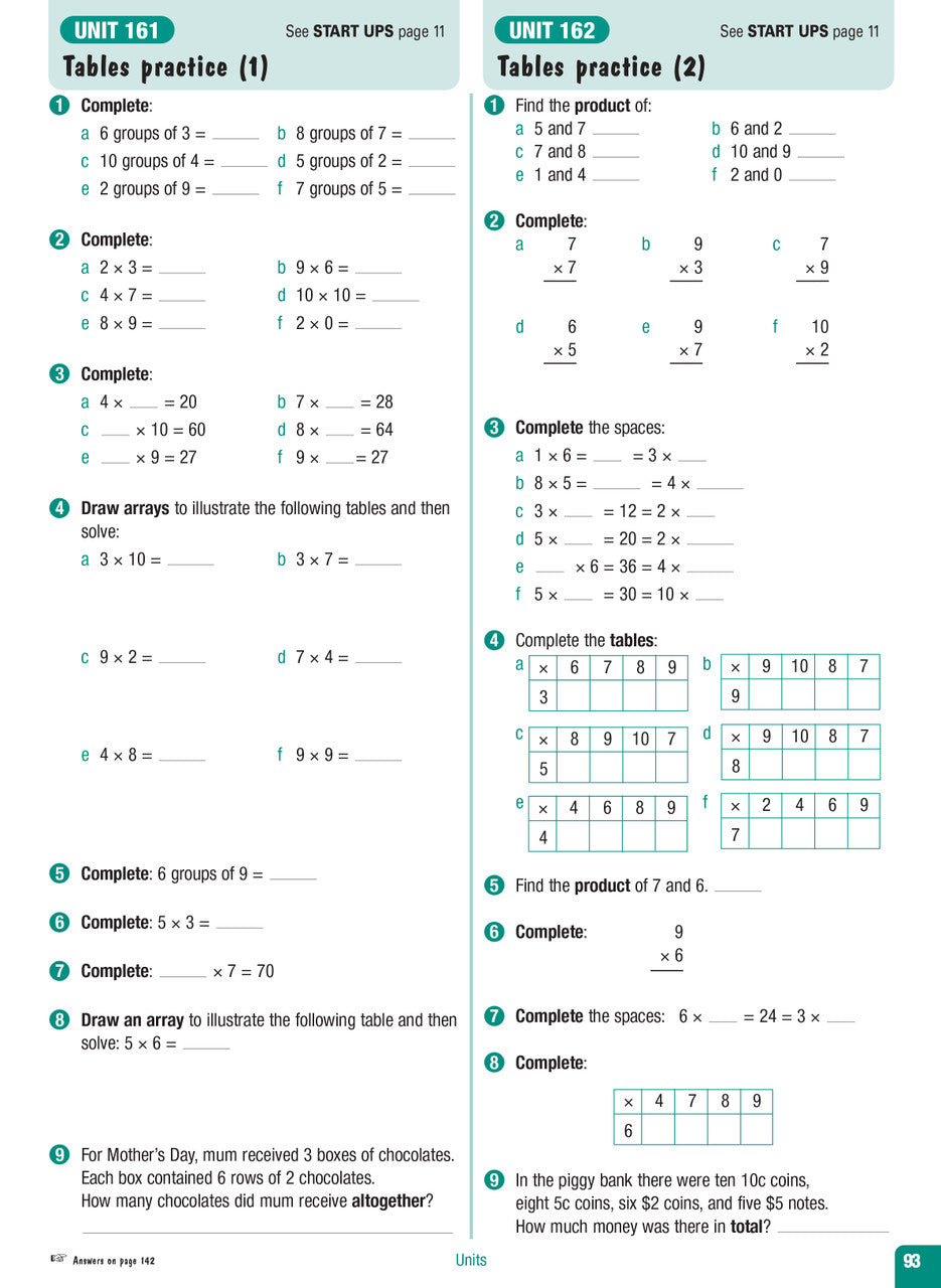 Sample interior page from the Excel Advanced Skills Start Up Maths Year 3 workbook showing maths units and practice exercises