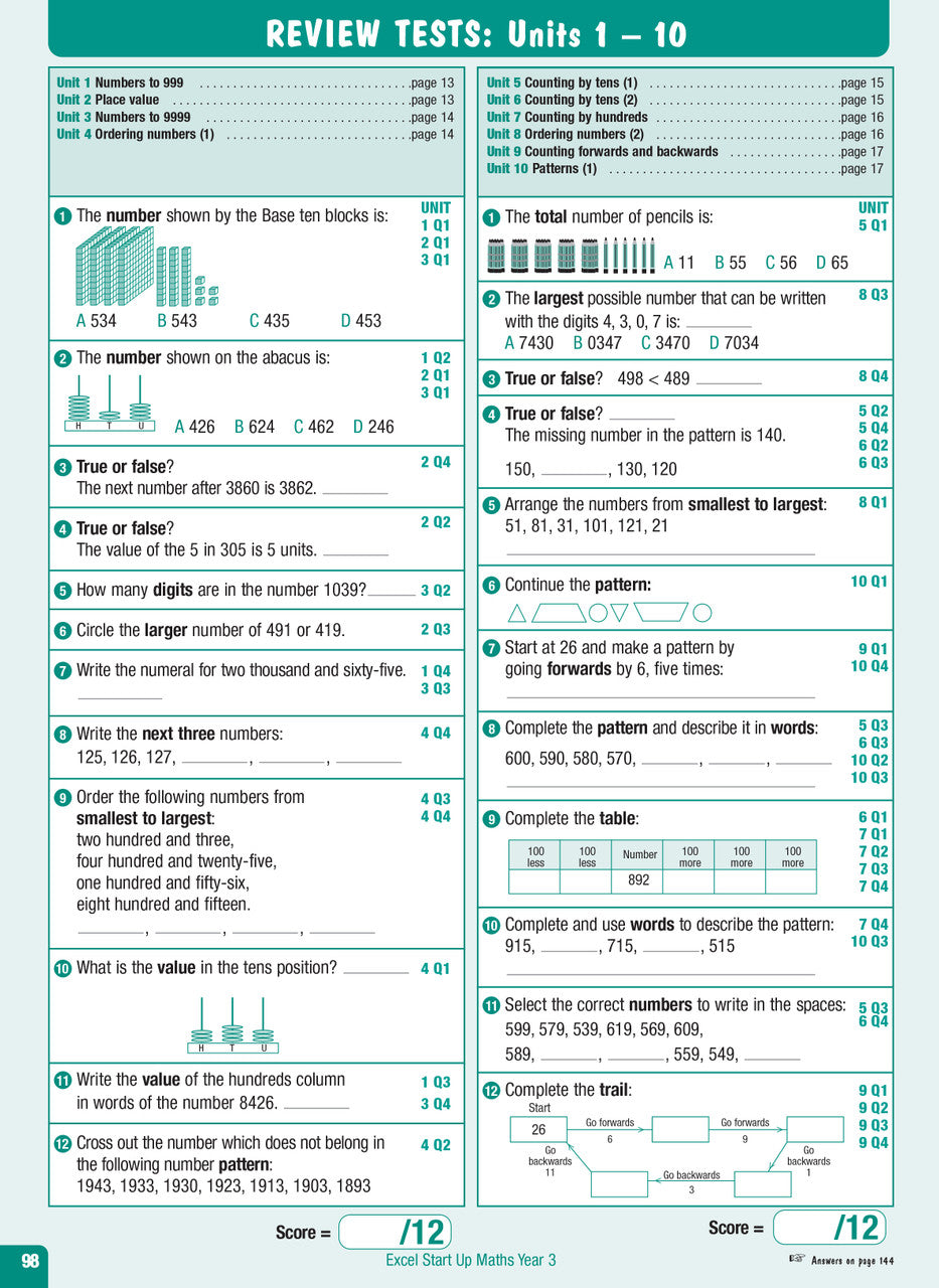 Sample interior page from the Excel Advanced Skills Start Up Maths Year 3 workbook showing maths units and practice exercises