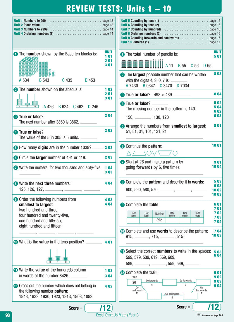 Sample interior page from the Excel Advanced Skills Start Up Maths Year 3 workbook showing maths units and practice exercises