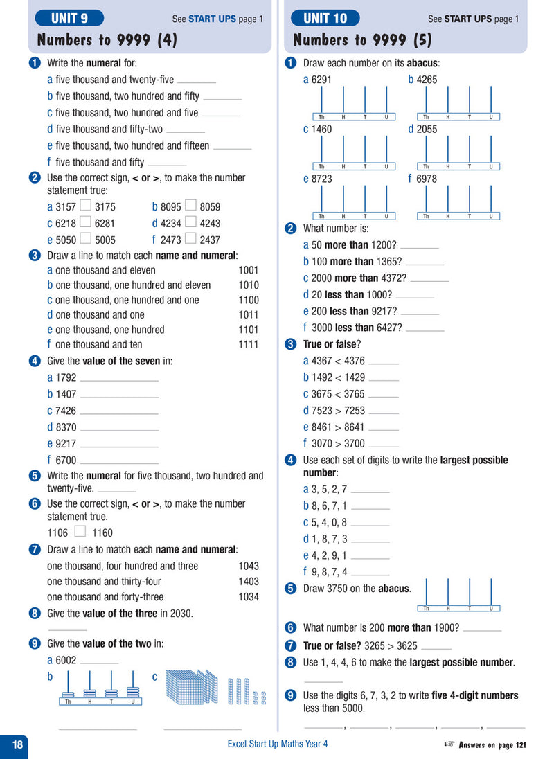 Sample interior page from the Excel Advanced Skills Start Up Maths Year 4 workbook showing maths units and practice exercises