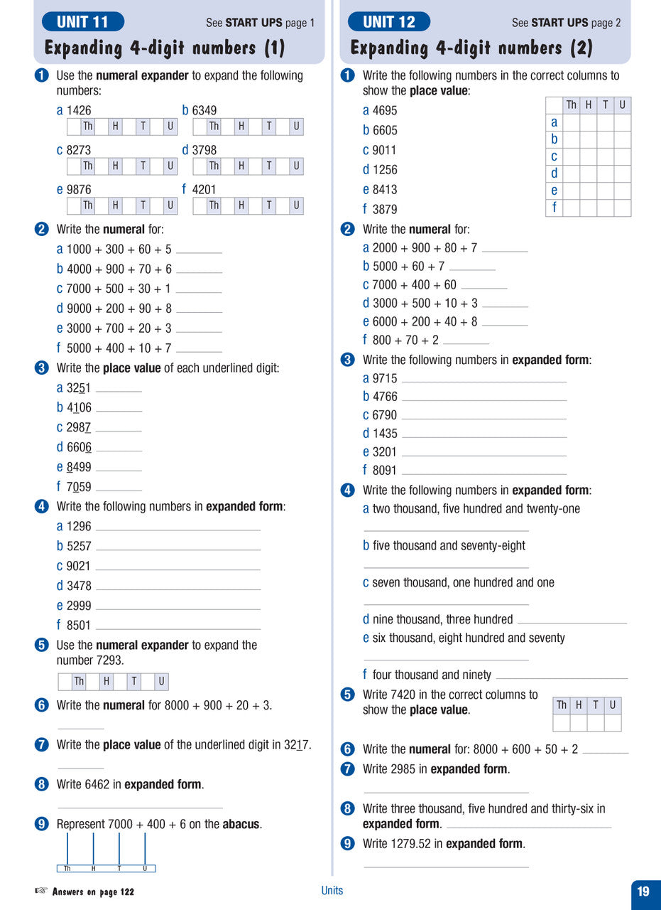 Sample interior page from the Excel Advanced Skills Start Up Maths Year 4 workbook showing maths units and practice exercises