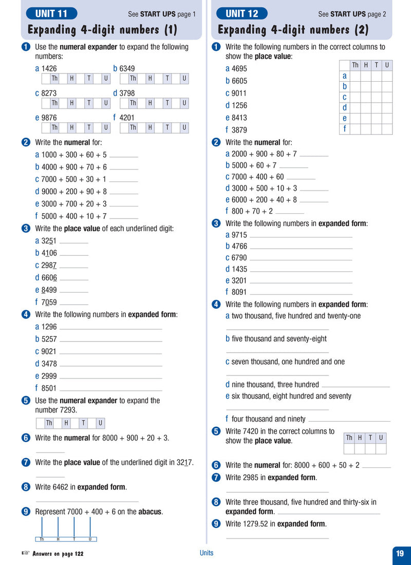 Sample interior page from the Excel Advanced Skills Start Up Maths Year 4 workbook showing maths units and practice exercises