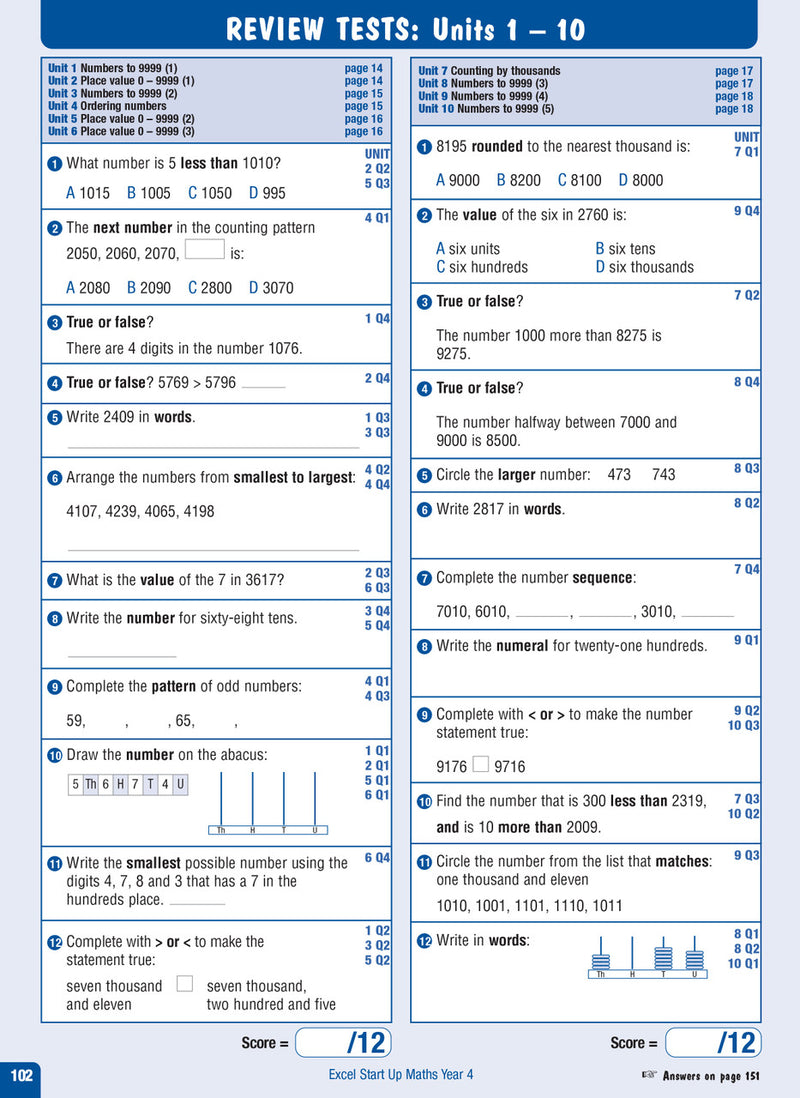 Sample interior page from the Excel Advanced Skills Start Up Maths Year 4 workbook showing maths units and practice exercises