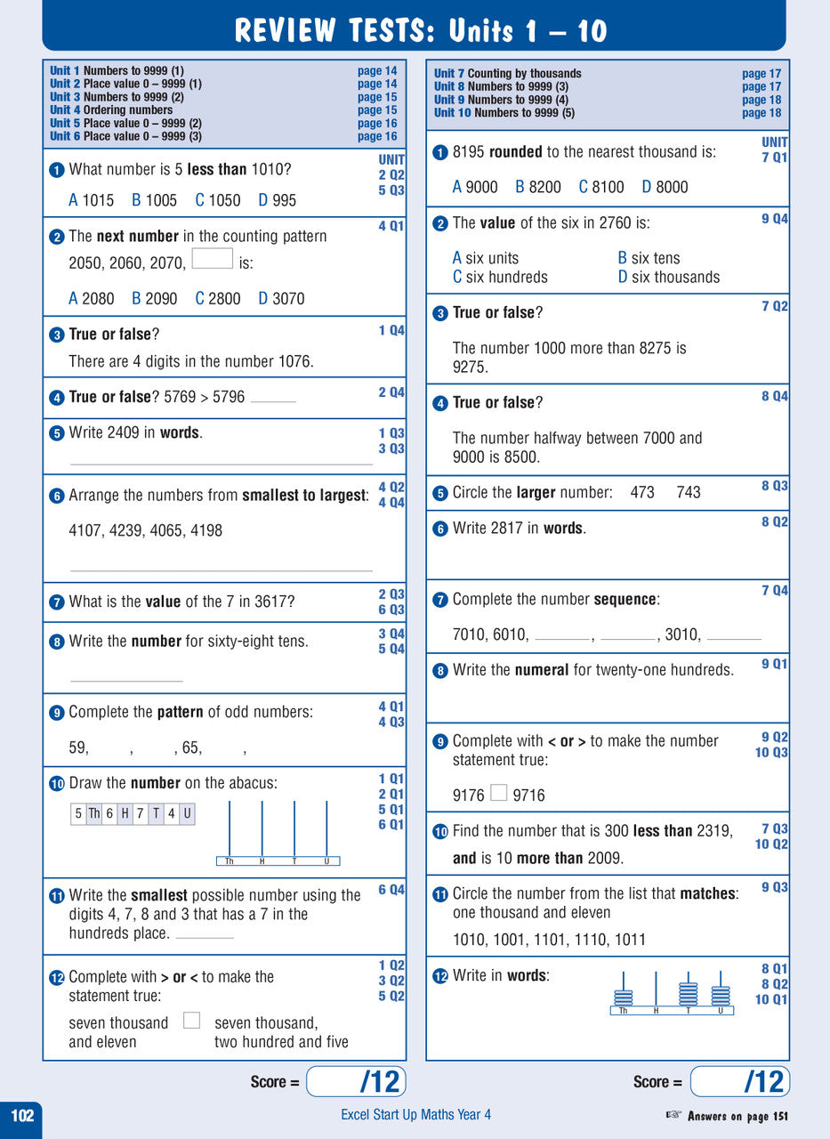Sample interior page from the Excel Advanced Skills Start Up Maths Year 4 workbook showing maths units and practice exercises