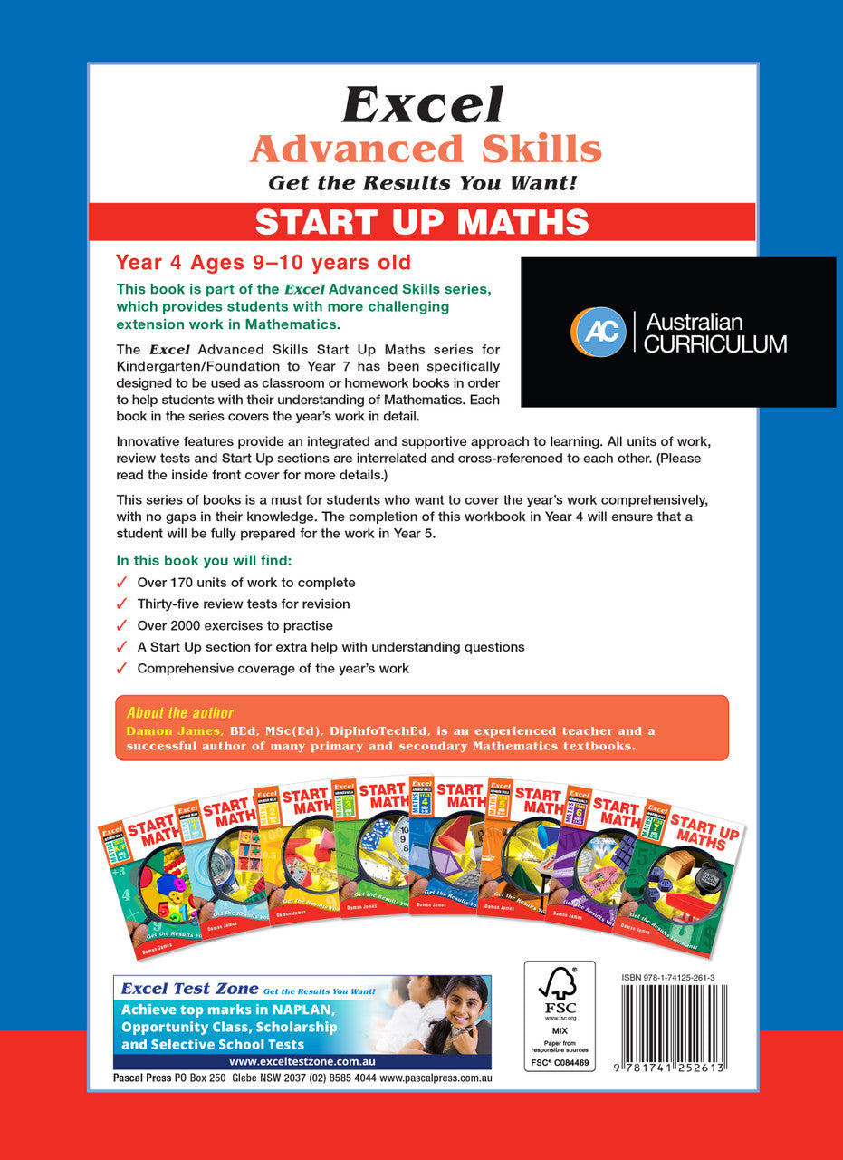 Back cover of the Excel Advanced Skills Start Up Maths Year 4 workbook as shown in the Pascal Press gallery
