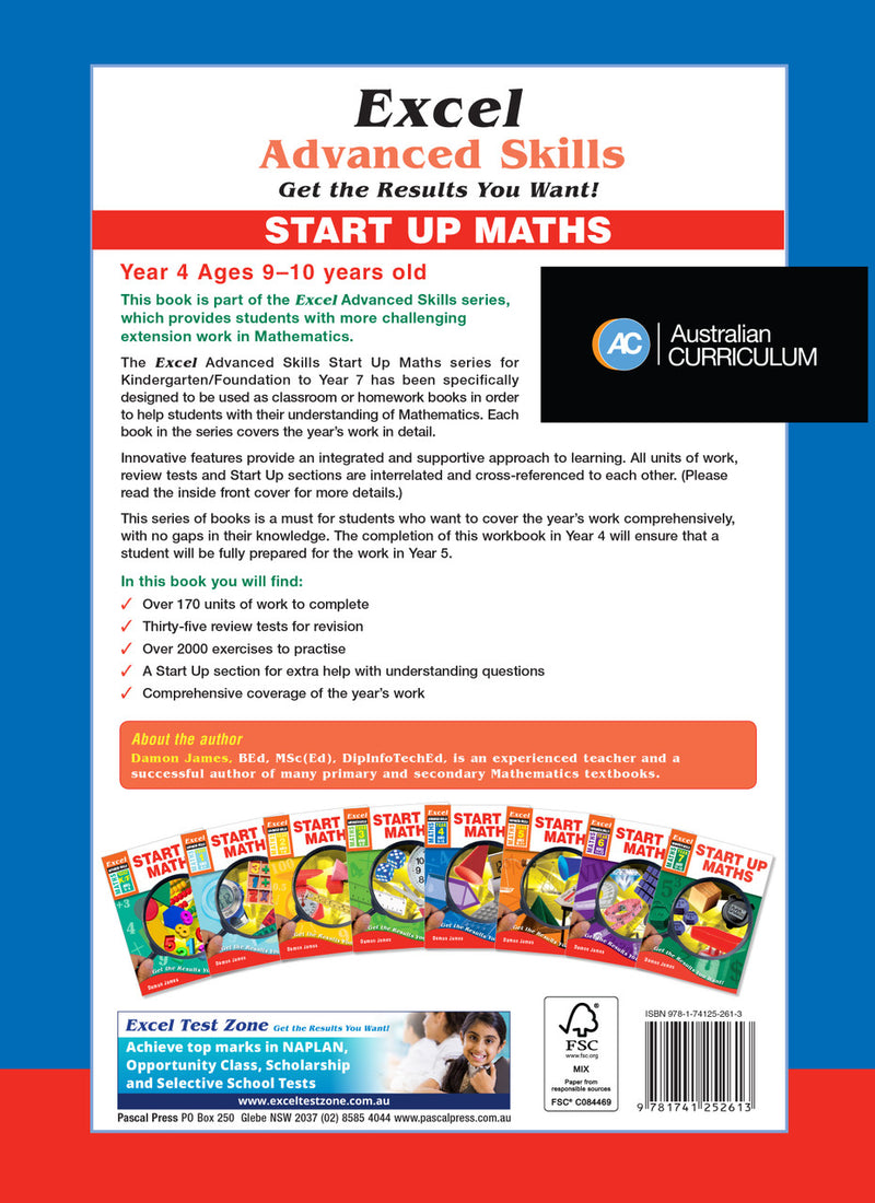 Back cover of the Excel Advanced Skills Start Up Maths Year 4 workbook as shown in the Pascal Press gallery