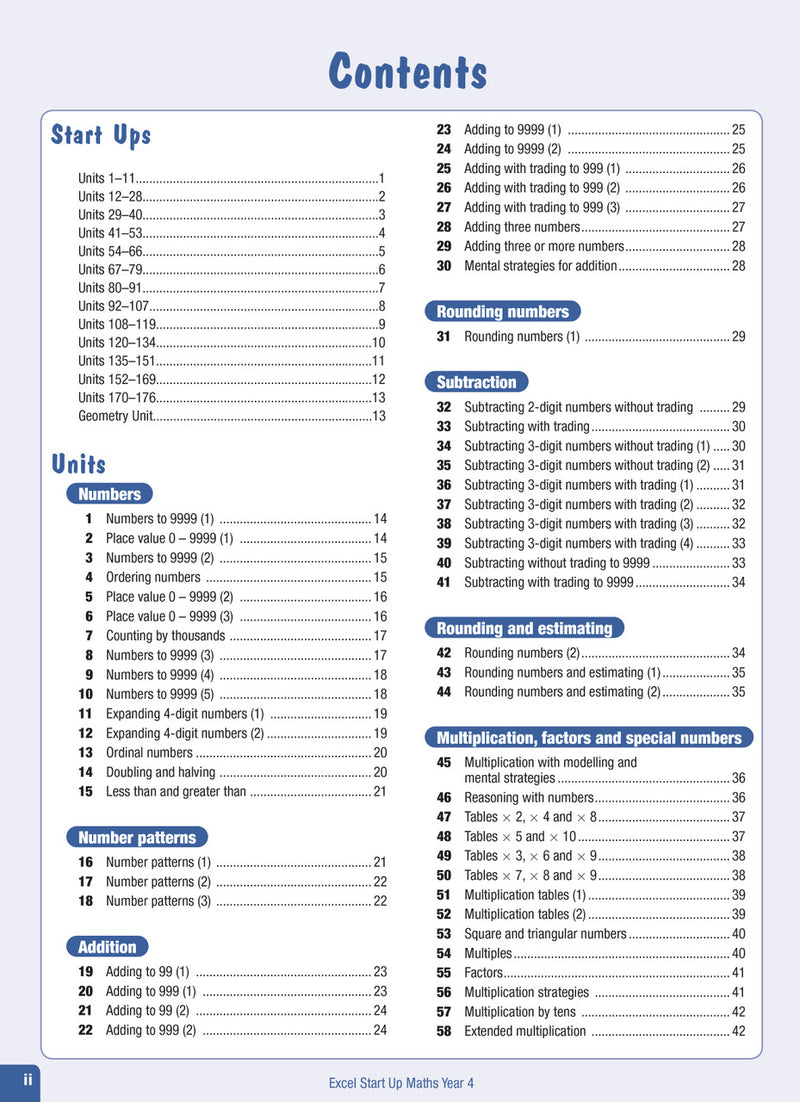 Contents page from the Excel Advanced Skills Start Up Maths Year 4 workbook listing the units of work and review tests