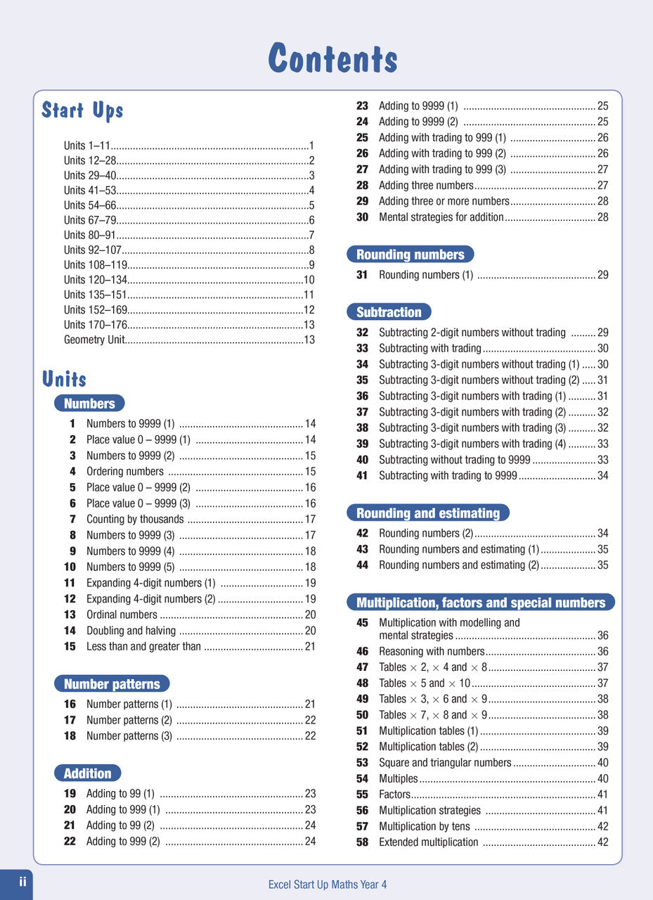 Contents page from the Excel Advanced Skills Start Up Maths Year 4 workbook listing the units of work and review tests