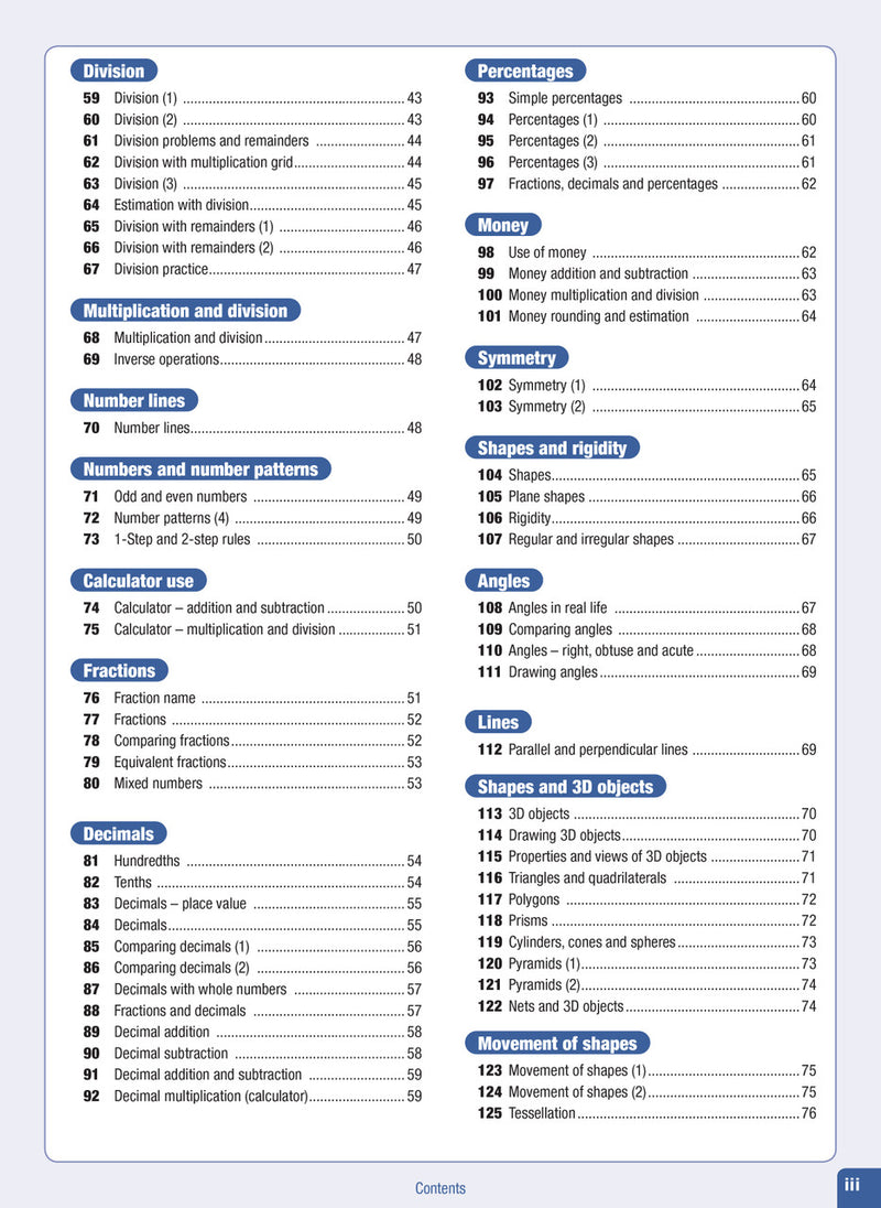 Contents page from the Excel Advanced Skills Start Up Maths Year 4 workbook listing the units of work and review tests