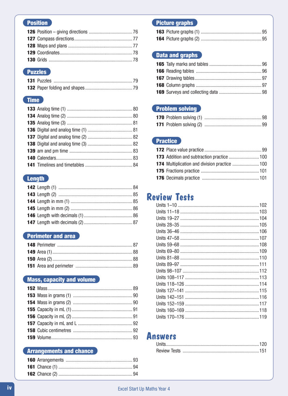 Contents page from the Excel Advanced Skills Start Up Maths Year 4 workbook listing the units of work and review tests