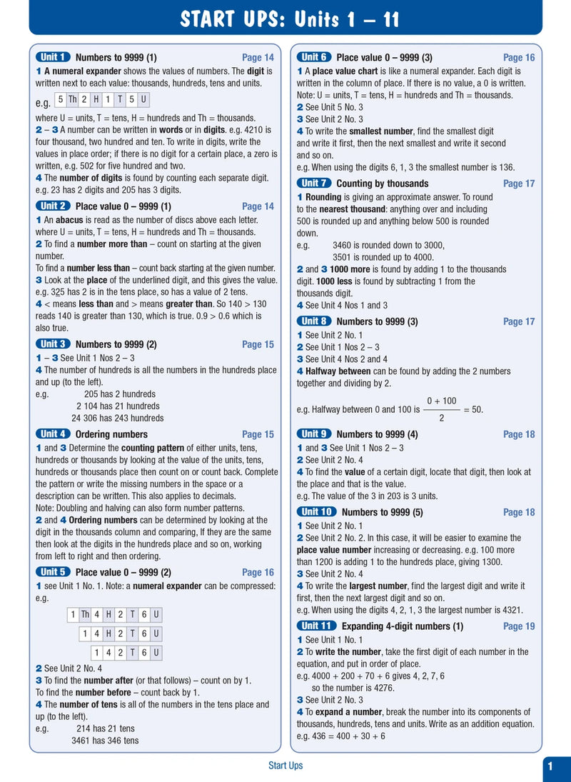 Sample interior page from the Excel Advanced Skills Start Up Maths Year 4 workbook showing maths units and practice exercises