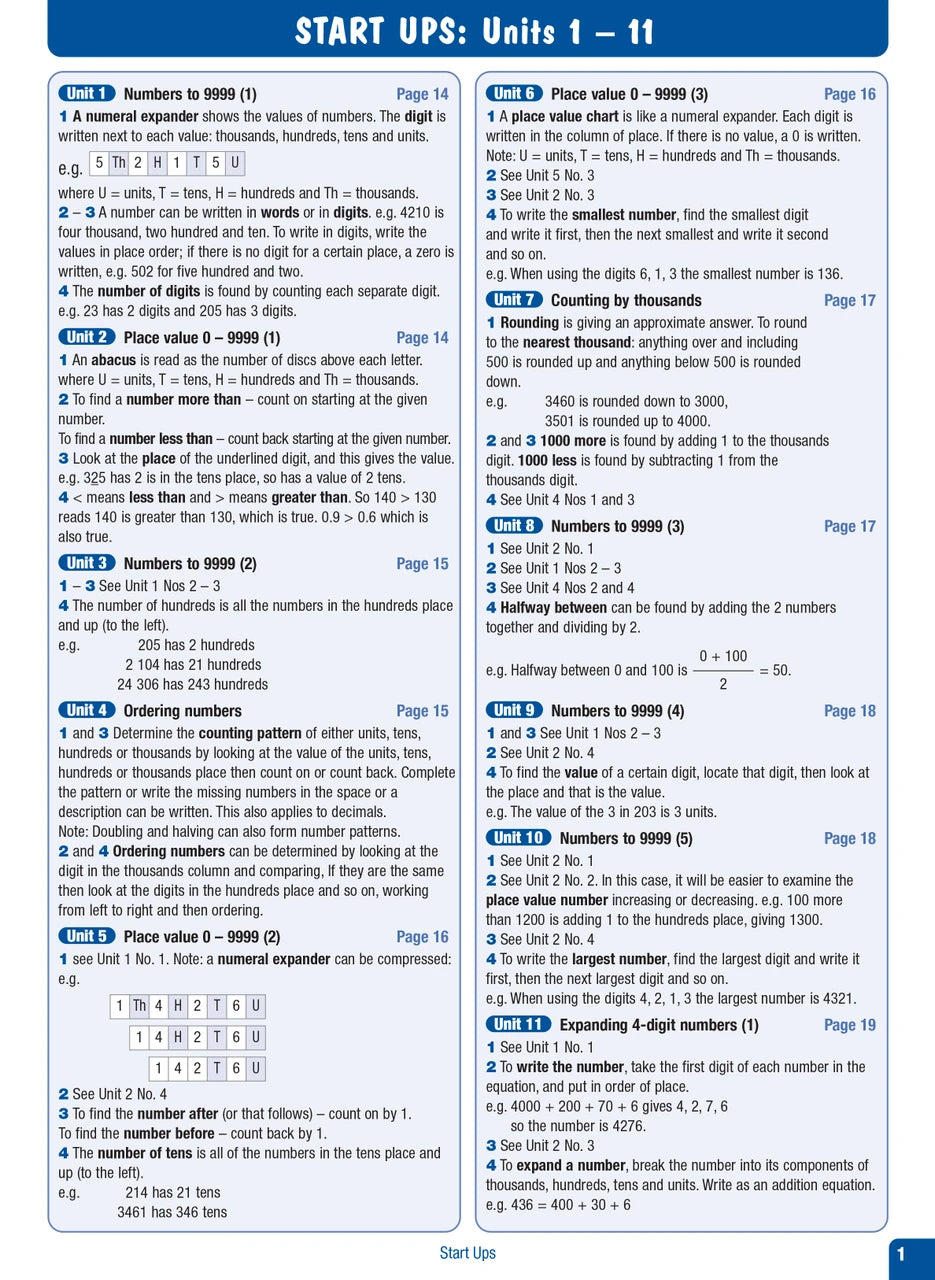 Sample interior page from the Excel Advanced Skills Start Up Maths Year 4 workbook showing maths units and practice exercises