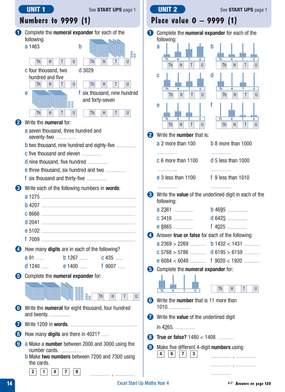Sample interior page from the Excel Advanced Skills Start Up Maths Year 4 workbook showing maths units and practice exercises