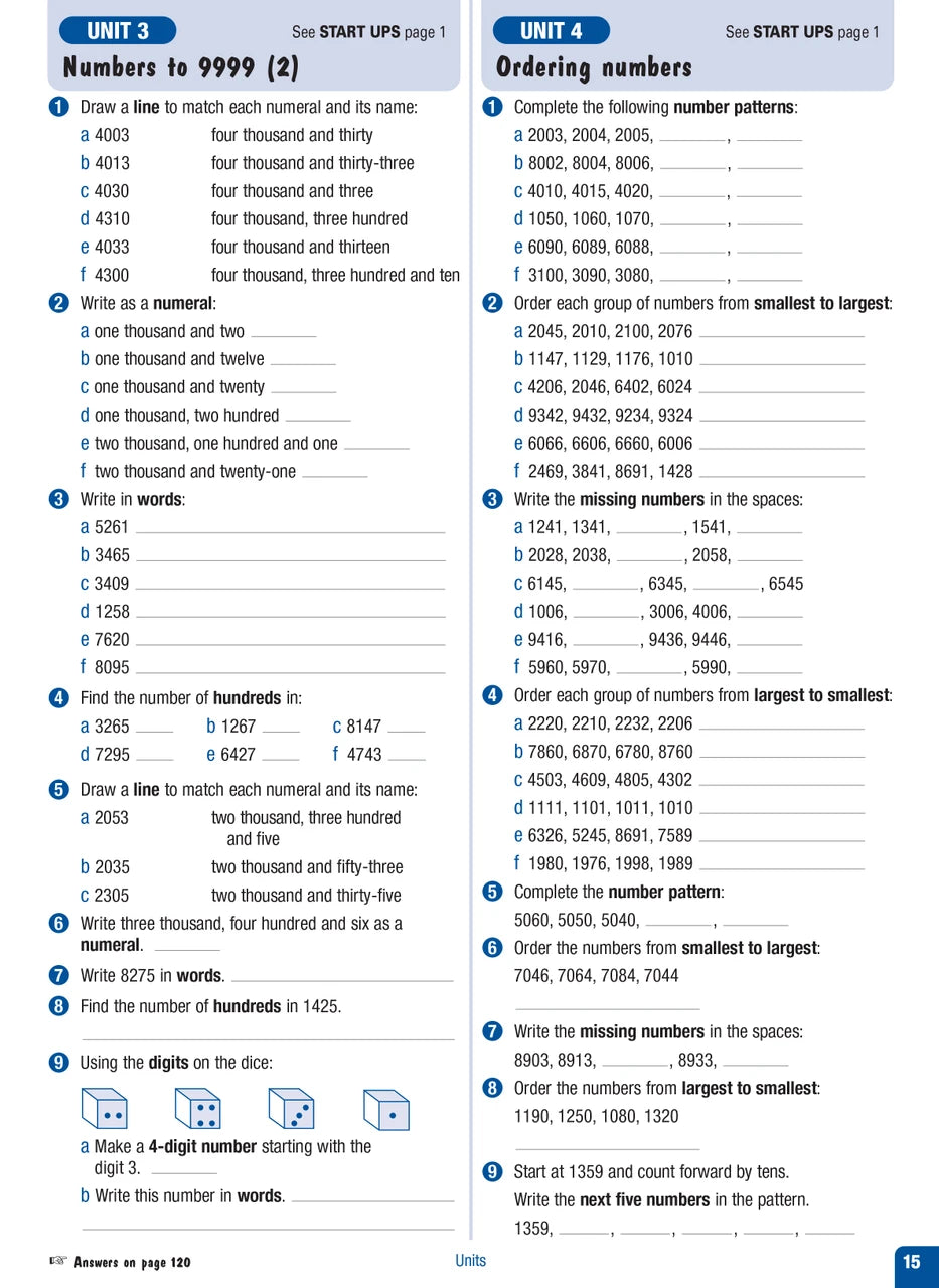 Sample interior page from the Excel Advanced Skills Start Up Maths Year 4 workbook showing maths units and practice exercises