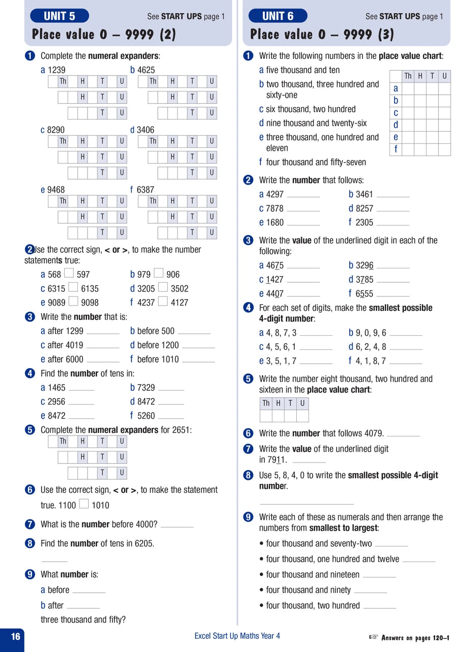 Sample interior page from the Excel Advanced Skills Start Up Maths Year 4 workbook showing maths units and practice exercises