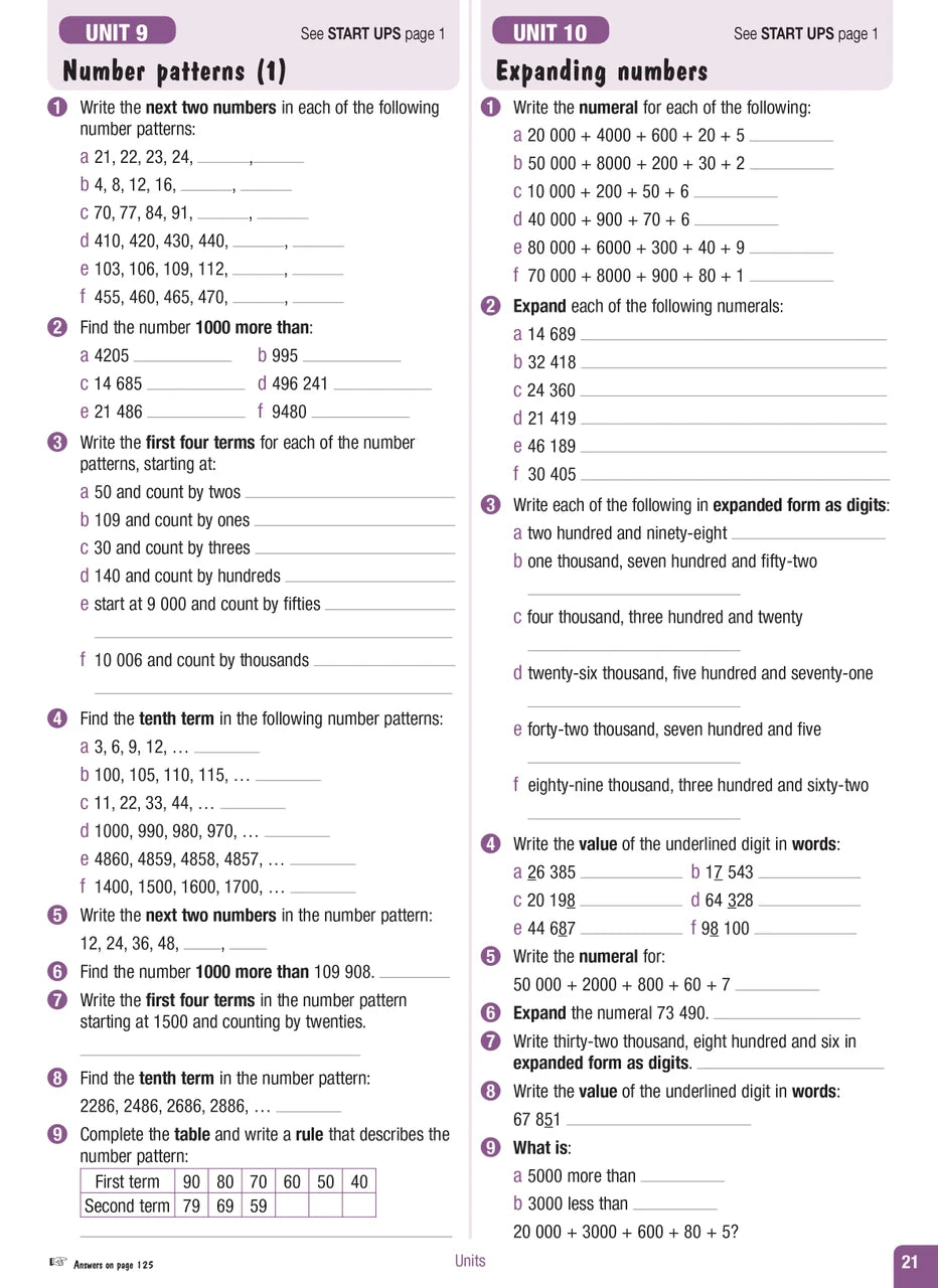 Sample interior page from the Excel Advanced Skills Start Up Maths Year 5 workbook showing maths units and practice exercises