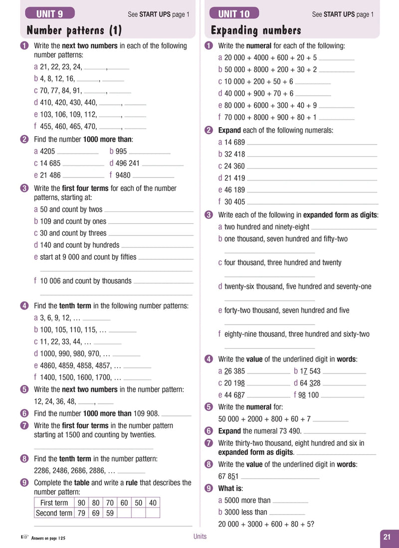Sample interior page from the Excel Advanced Skills Start Up Maths Year 5 workbook showing maths units and practice exercises