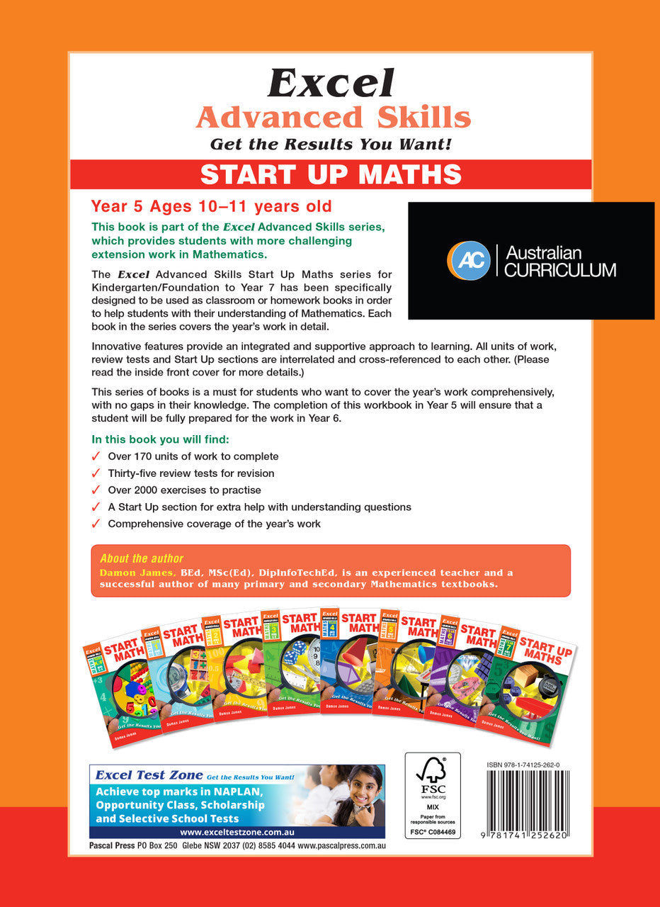 Back cover of the Excel Advanced Skills Start Up Maths Year 5 workbook as shown in the Pascal Press gallery