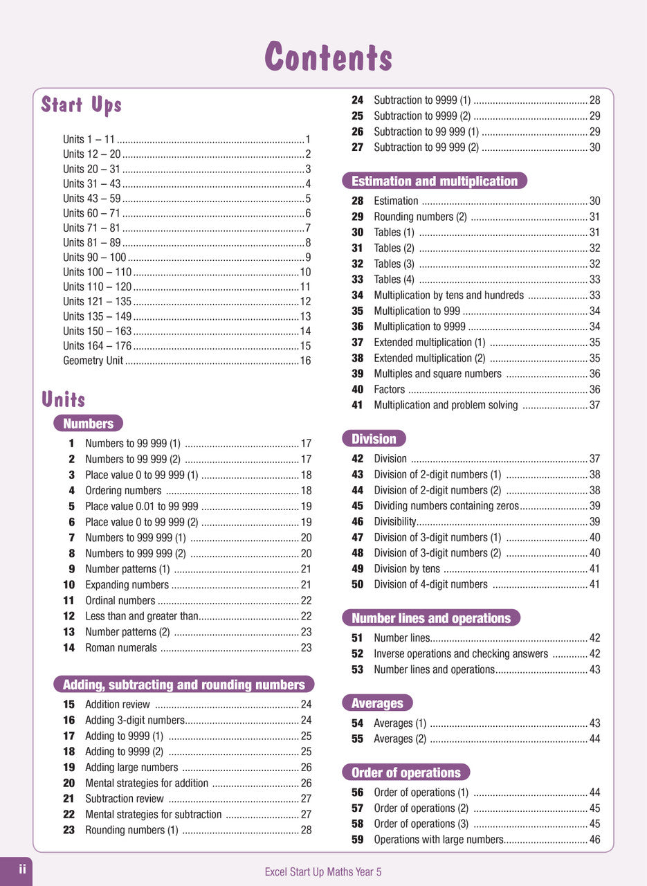 Contents page from the Excel Advanced Skills Start Up Maths Year 5 workbook listing the units of work and review tests