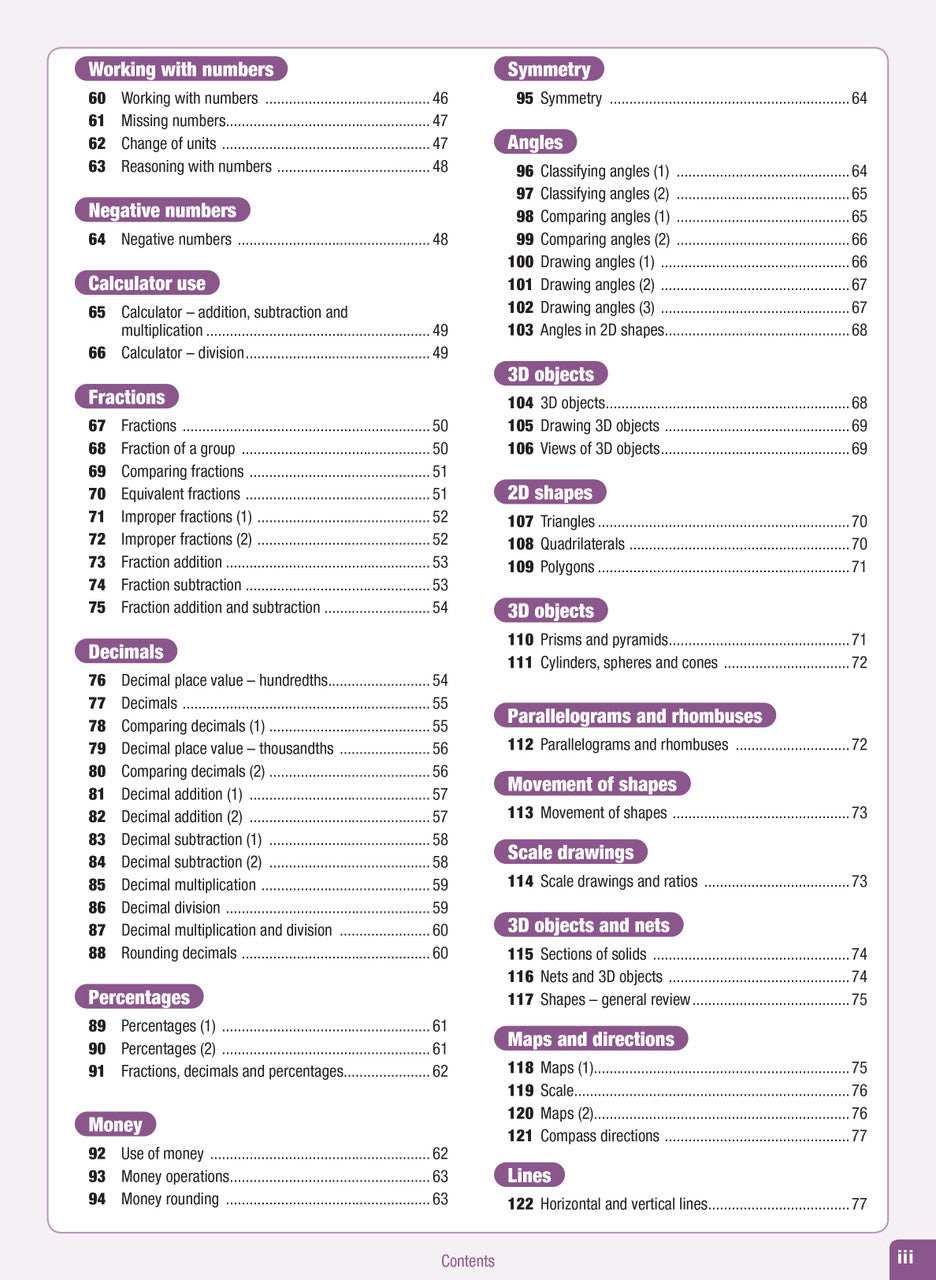 Contents page from the Excel Advanced Skills Start Up Maths Year 5 workbook listing the units of work and review tests