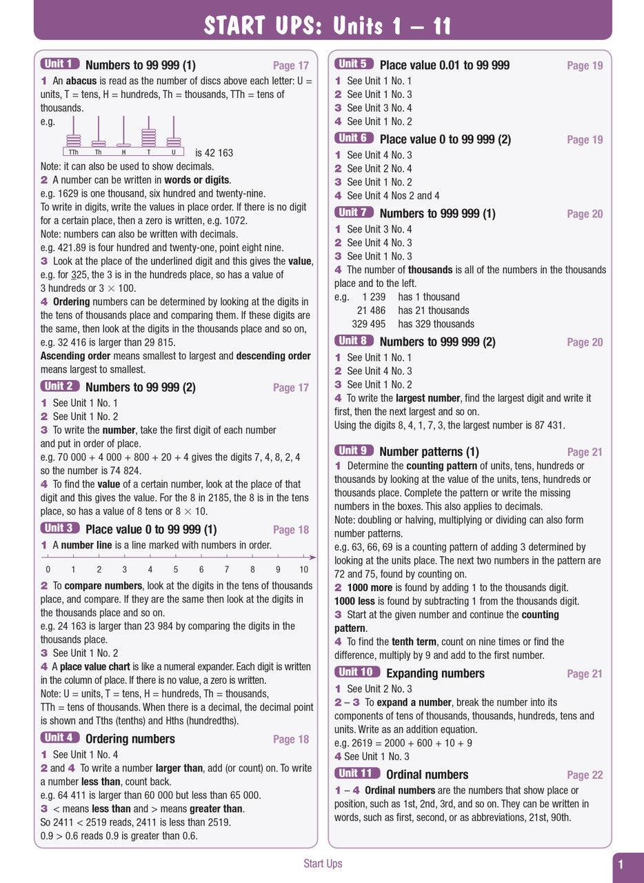 Sample interior page from the Excel Advanced Skills Start Up Maths Year 5 workbook showing maths units and practice exercises