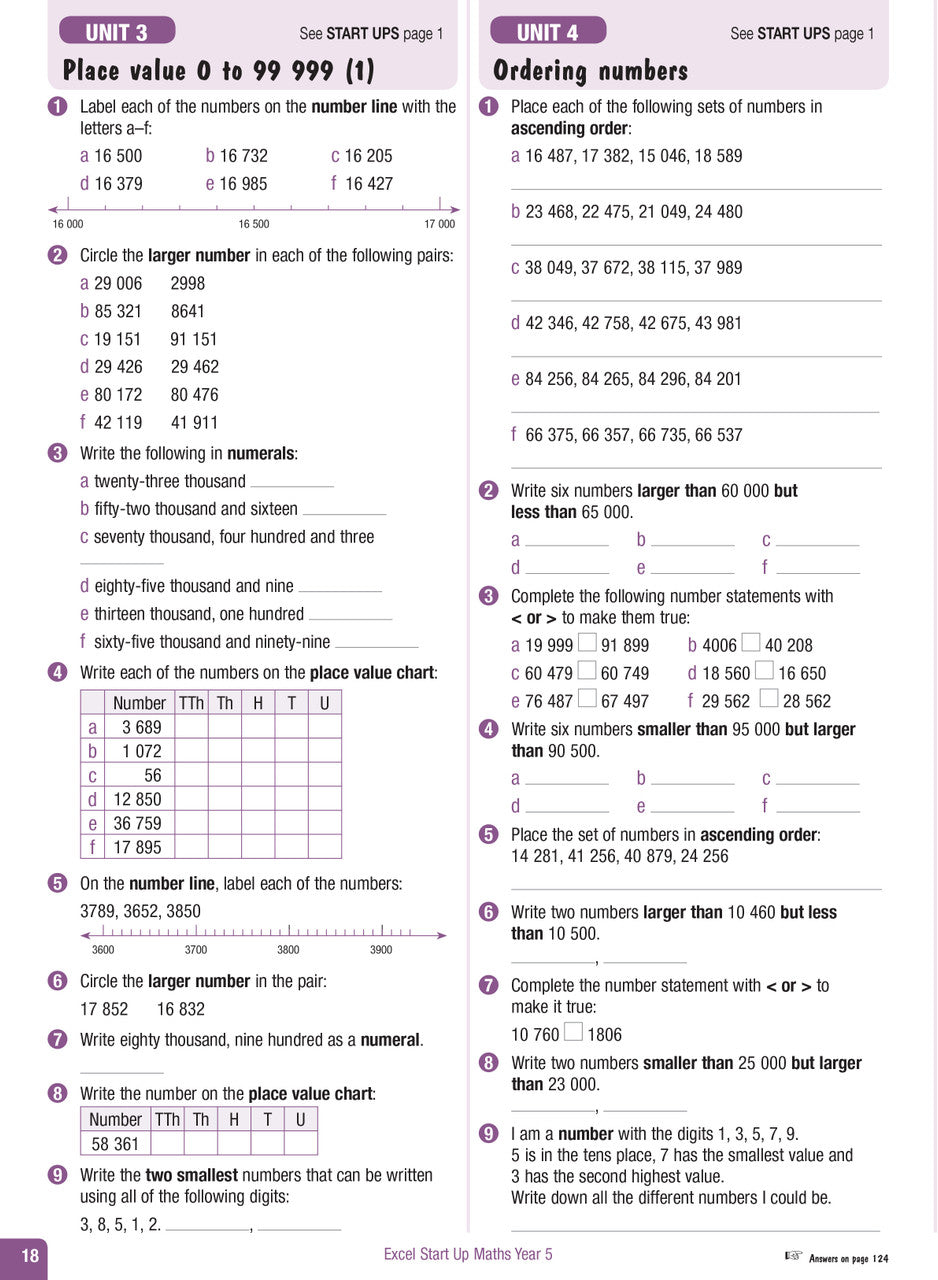 Sample interior page from the Excel Advanced Skills Start Up Maths Year 5 workbook showing maths units and practice exercises