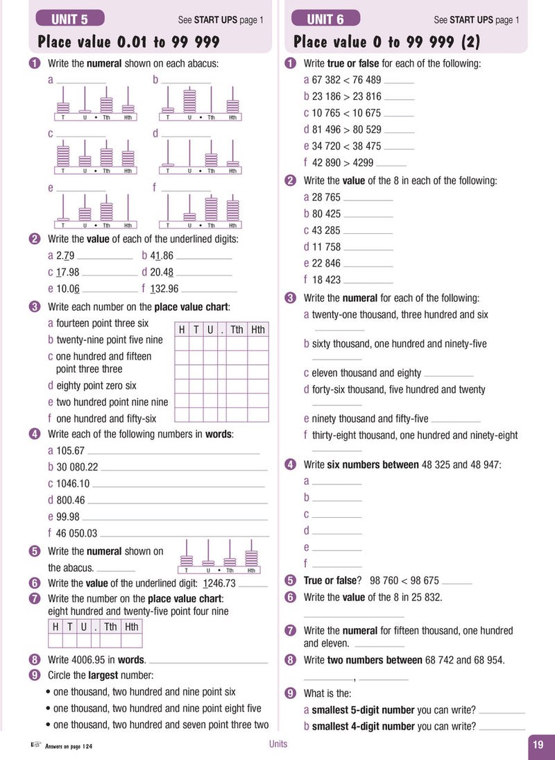 Sample interior page from the Excel Advanced Skills Start Up Maths Year 5 workbook showing maths units and practice exercises