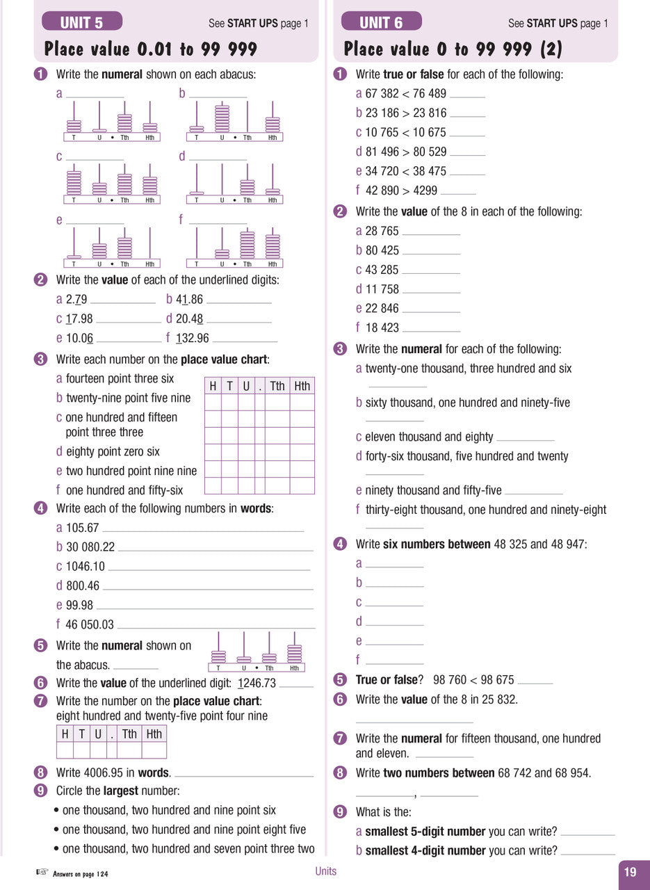 Sample interior page from the Excel Advanced Skills Start Up Maths Year 5 workbook showing maths units and practice exercises