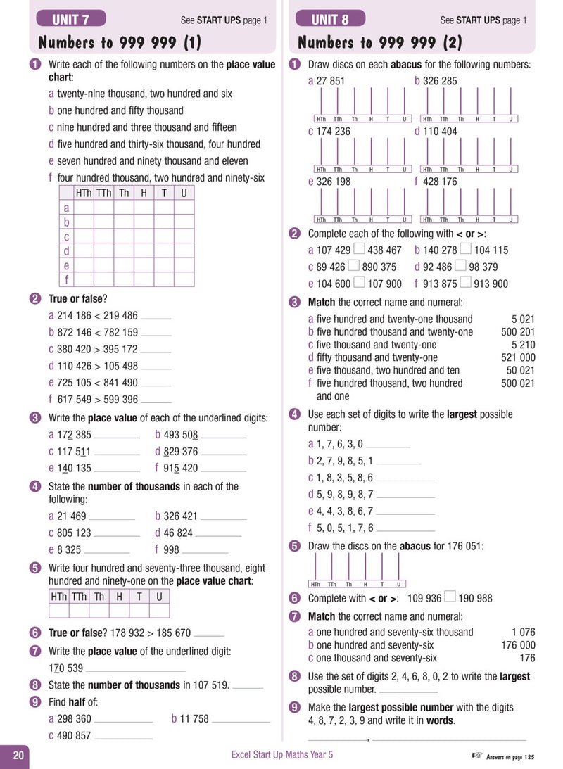 Sample interior page from the Excel Advanced Skills Start Up Maths Year 5 workbook showing maths units and practice exercises