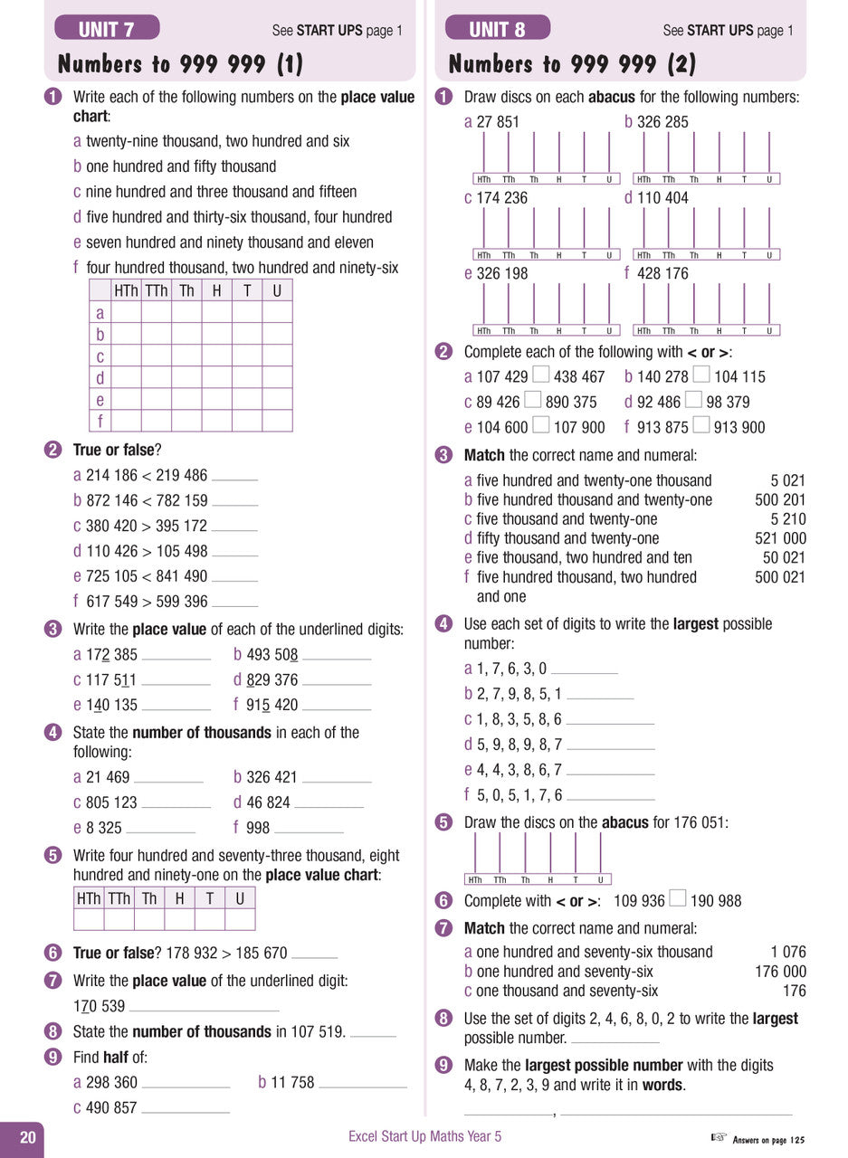 Sample interior page from the Excel Advanced Skills Start Up Maths Year 5 workbook showing maths units and practice exercises