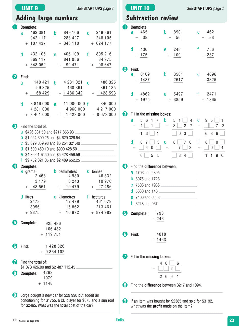 Sample interior page from the Excel Advanced Skills Start Up Maths Year 6 workbook showing maths units and practice exercises