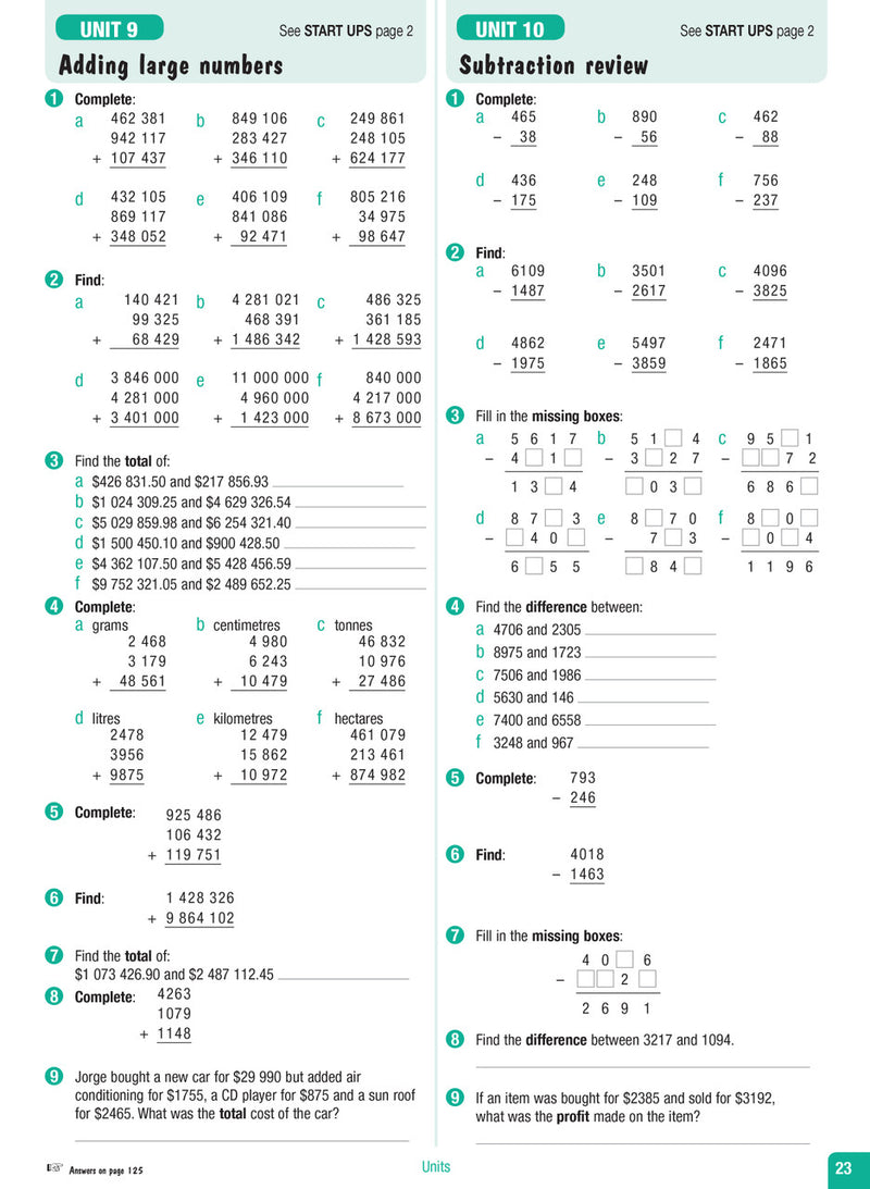 Sample interior page from the Excel Advanced Skills Start Up Maths Year 6 workbook showing maths units and practice exercises