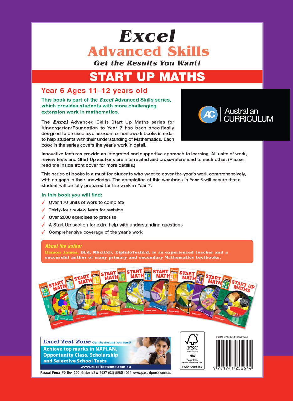 Back cover of the Excel Advanced Skills Start Up Maths Year 6 workbook as shown in the Pascal Press gallery