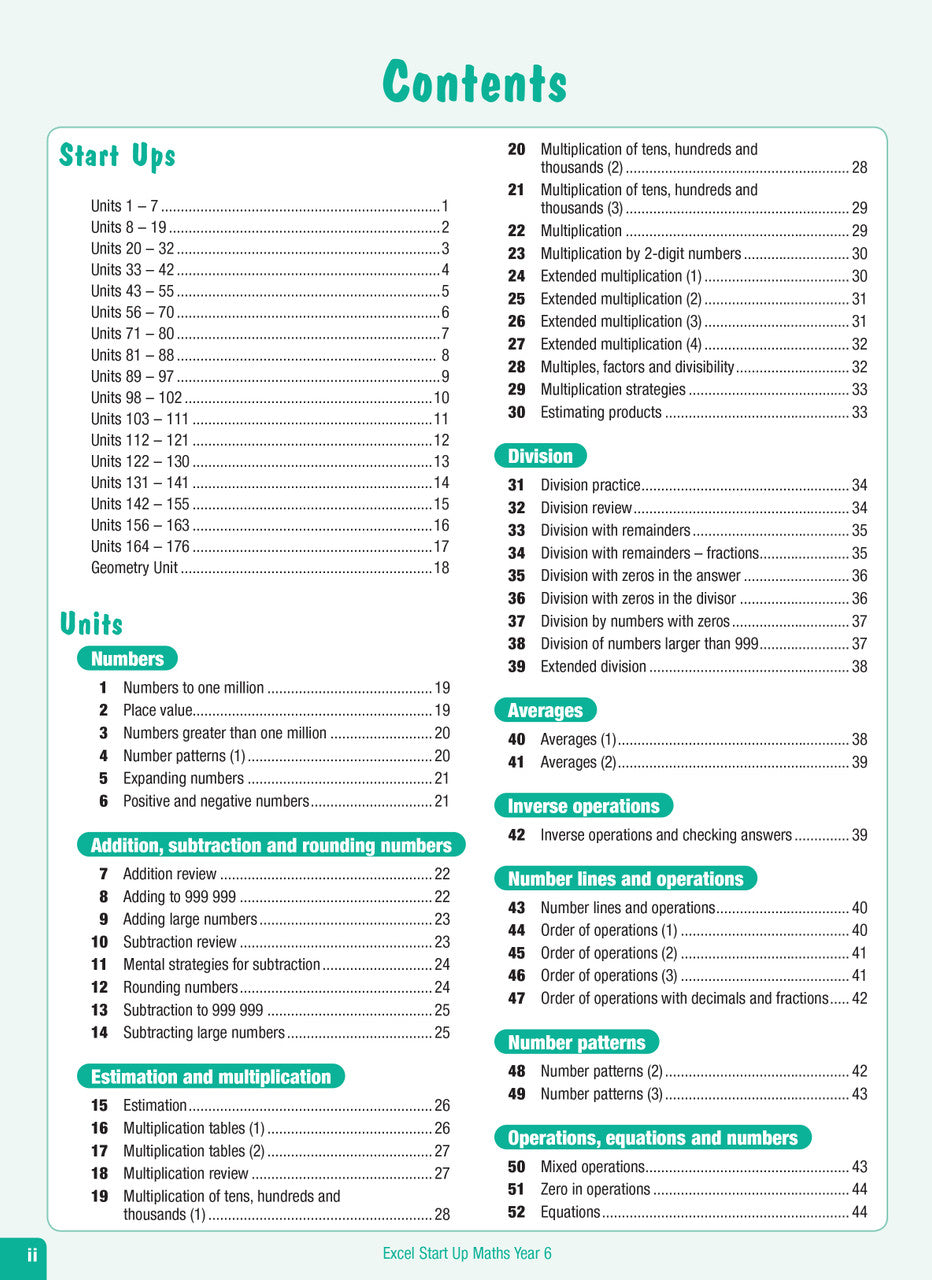 Contents page from the Excel Advanced Skills Start Up Maths Year 6 workbook listing the units of work and review tests