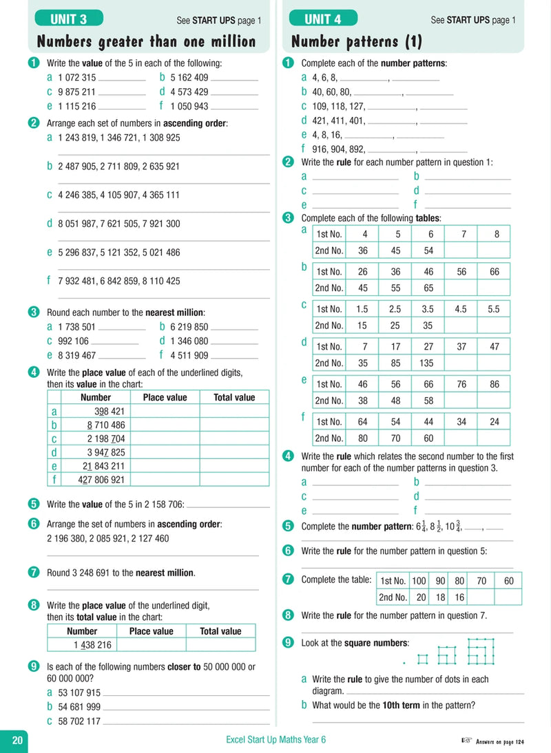 Sample interior page from the Excel Advanced Skills Start Up Maths Year 6 workbook showing maths units and practice exercises
