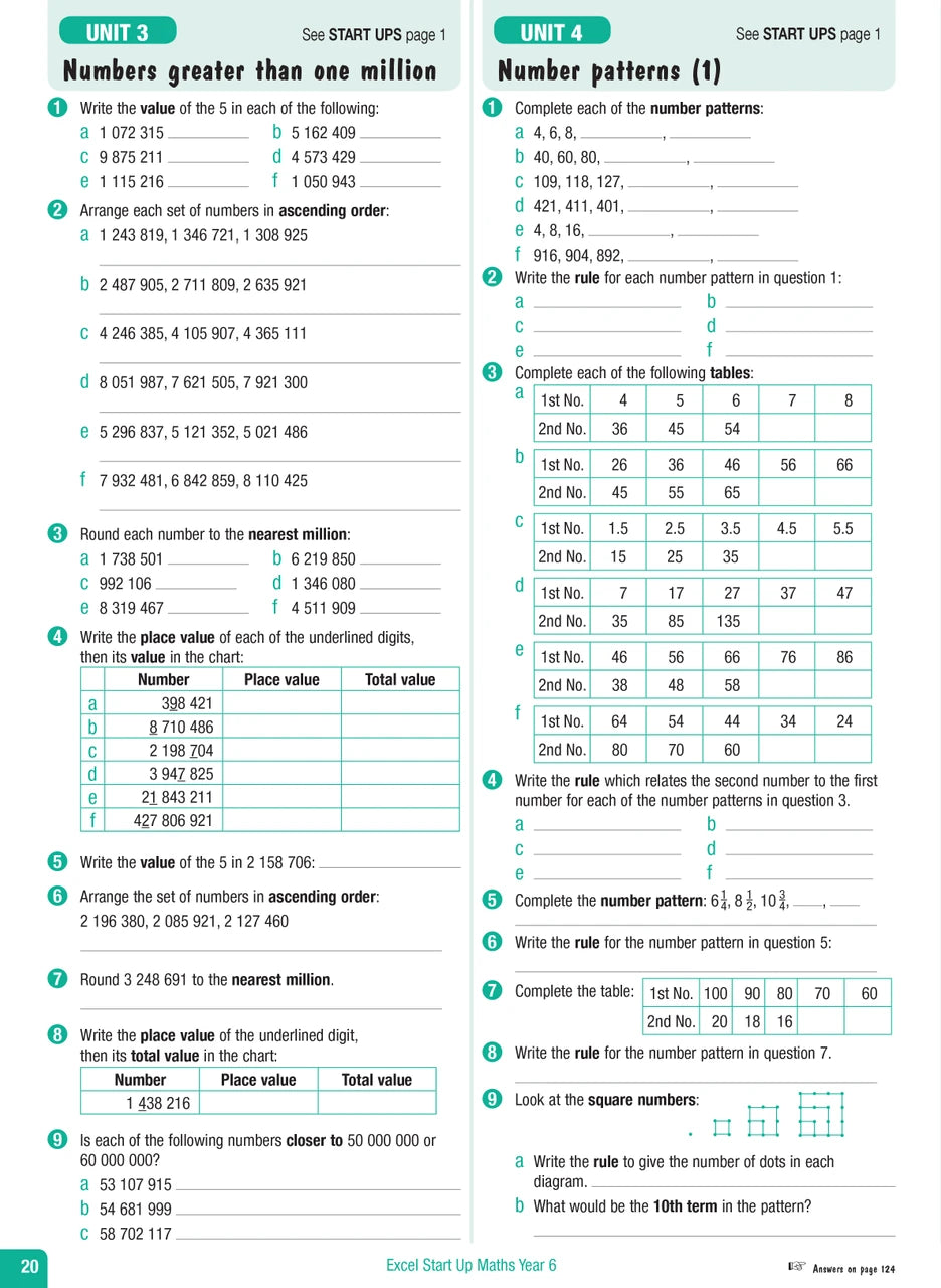 Sample interior page from the Excel Advanced Skills Start Up Maths Year 6 workbook showing maths units and practice exercises